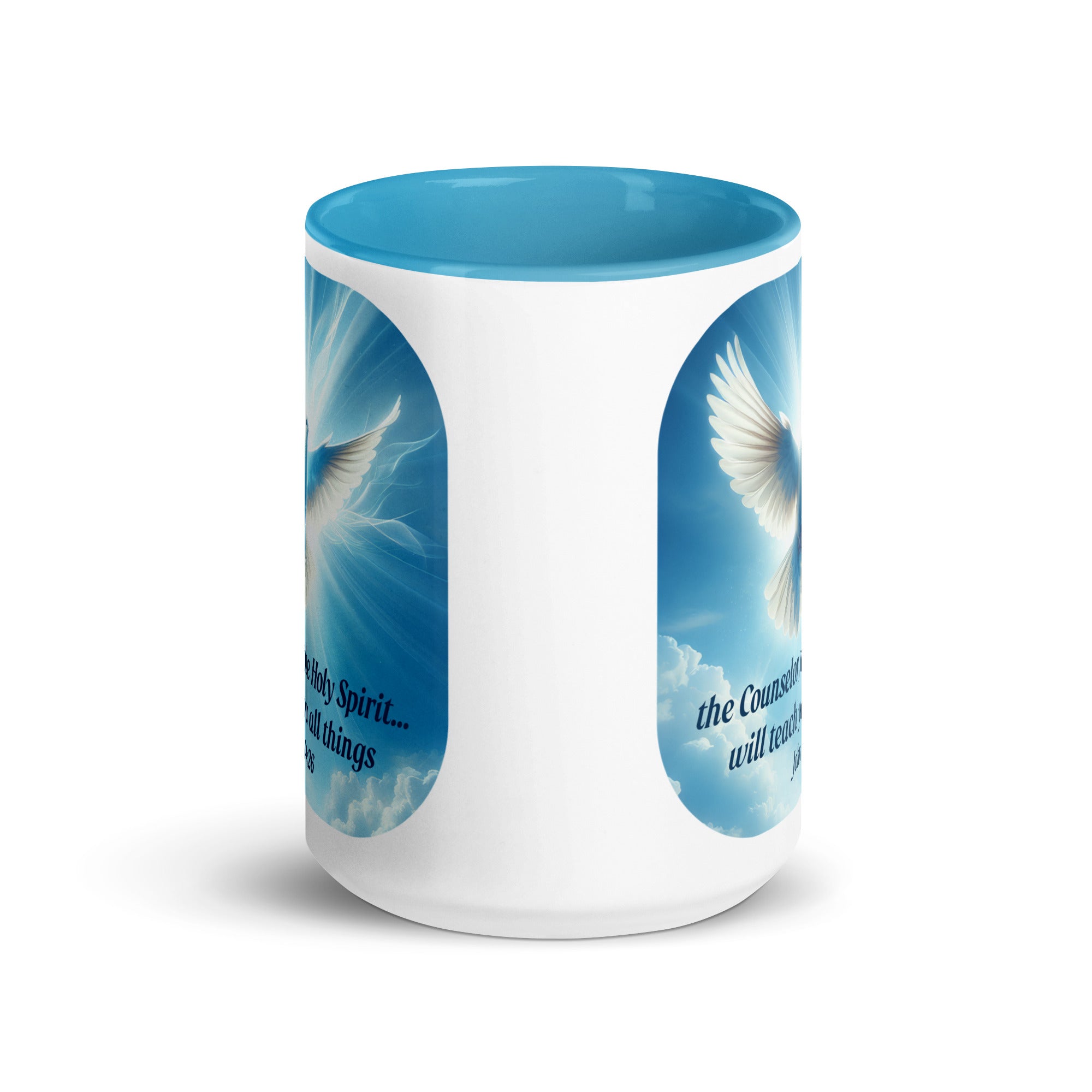 John 14:26 - Bible Verse, Holy Spirit Dove White Ceramic Mug with Color Inside