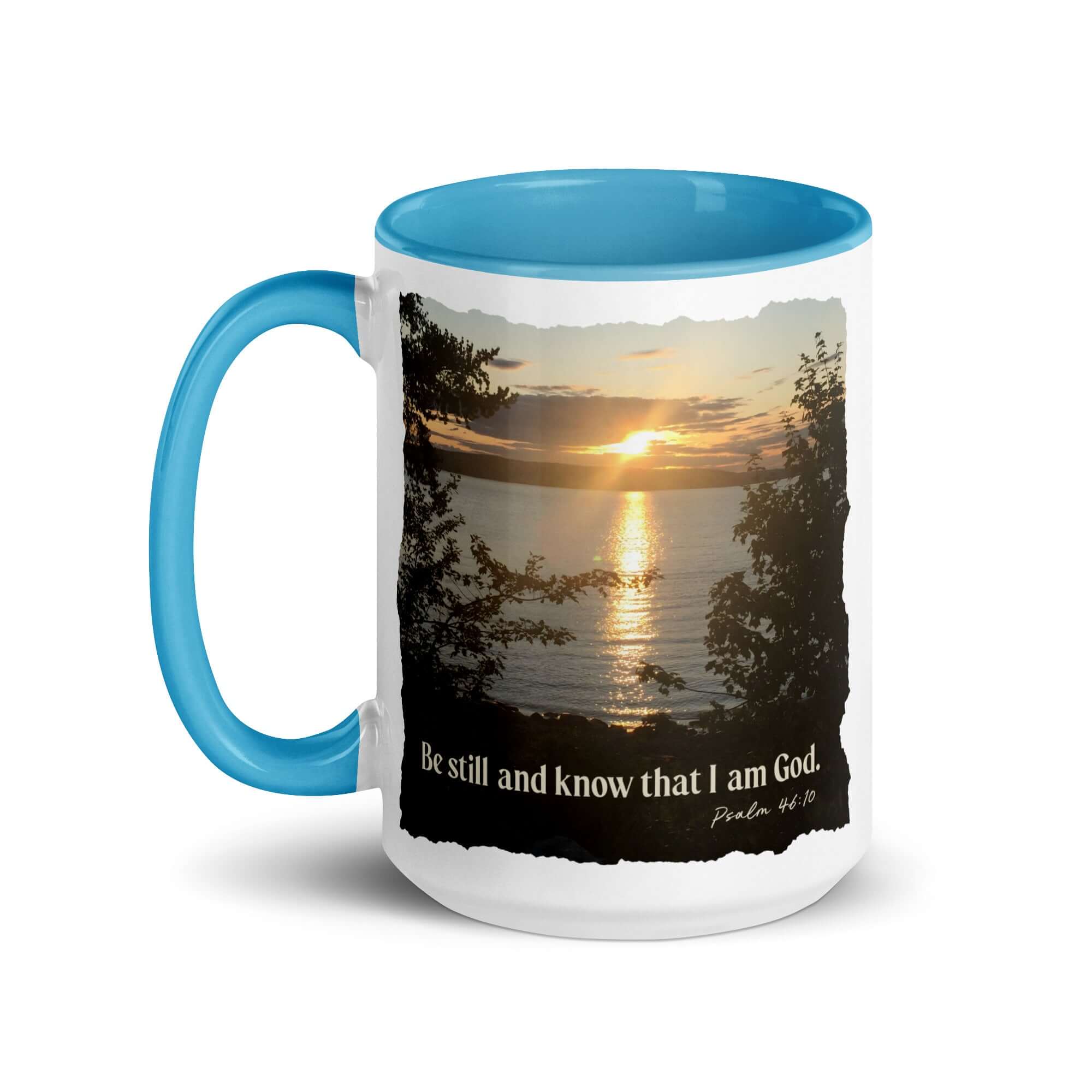 Psalm 46:10 Bible Verse, Sunset Glory White Ceramic Mug with Color Inside