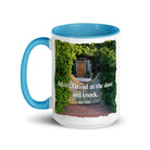 Rev 3:20 Bible Verse, Garden Doorway White Ceramic Mug with Color Inside