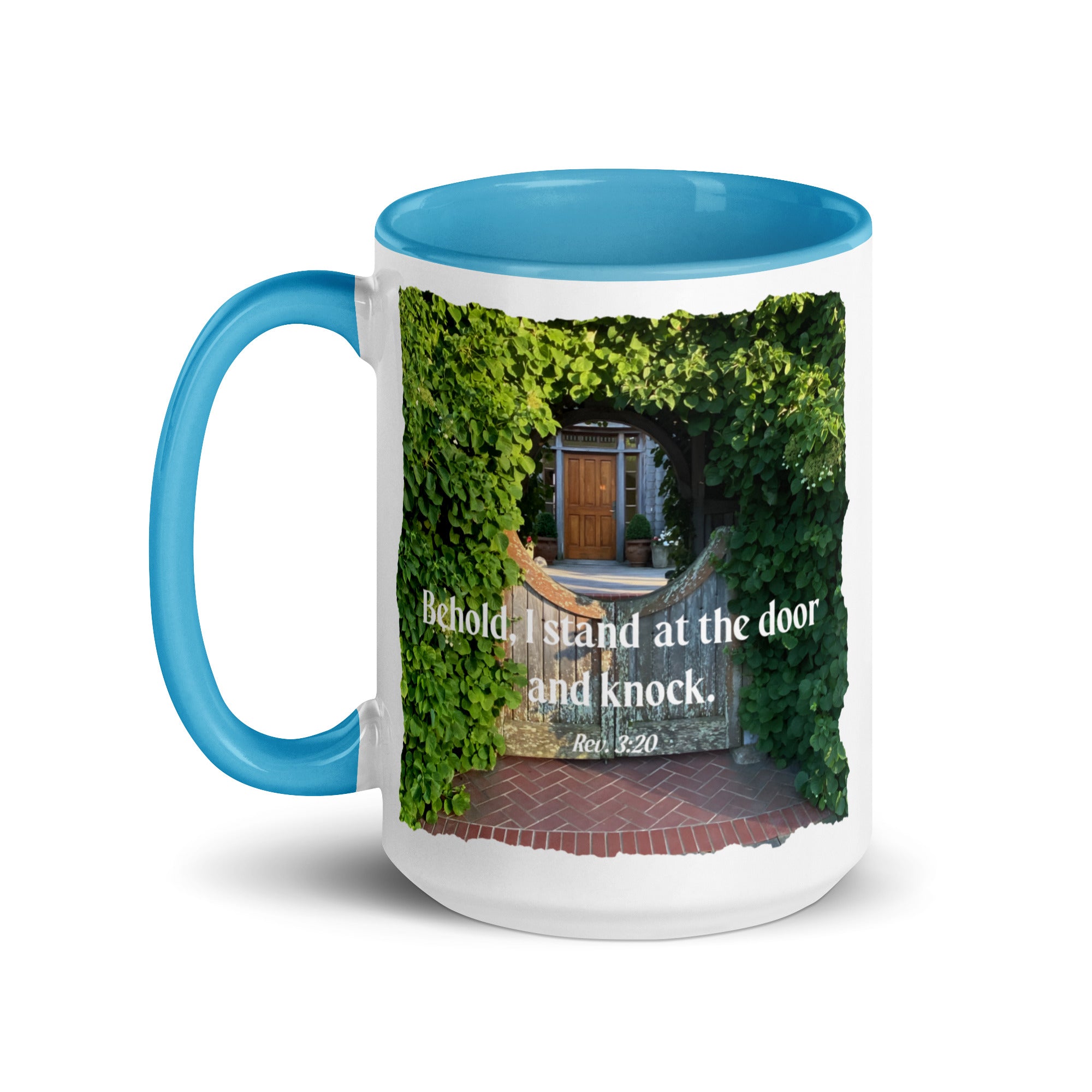 Rev 3:20 Bible Verse, Garden Doorway White Ceramic Mug with Color Inside