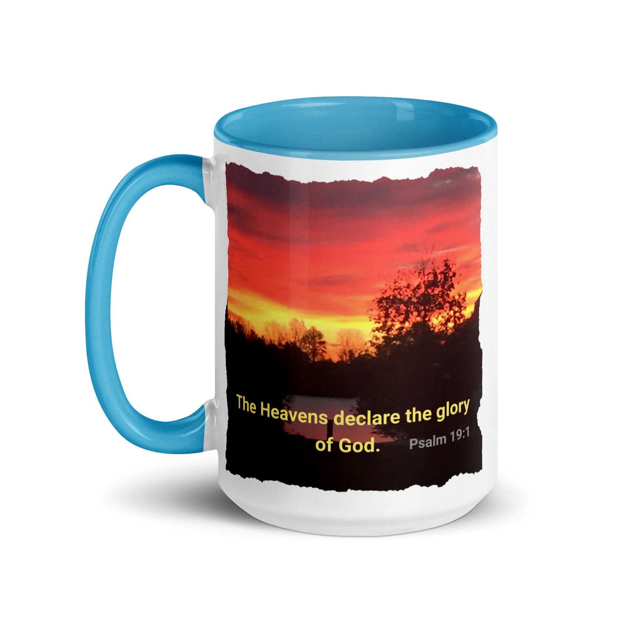 Psalm 19:1 Bible Verse, Sunset Glory White Ceramic Mug with Color Inside