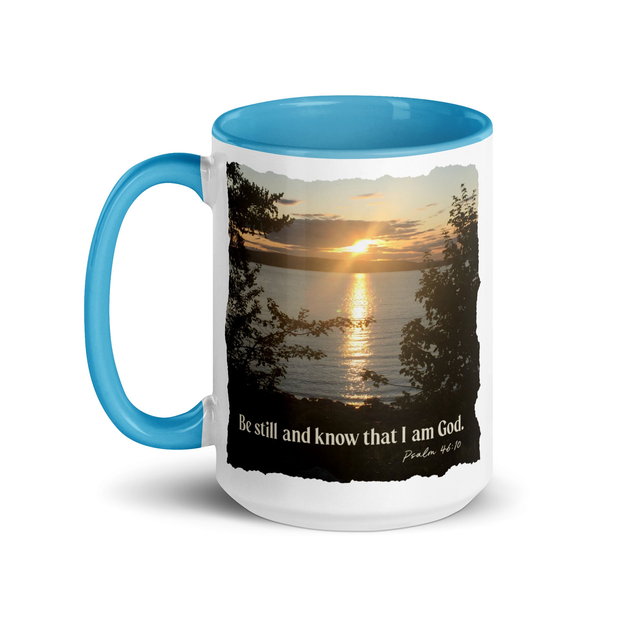 Psalm 46:10 Bible Verse, Sunset Glory White Ceramic Mug with Color Inside