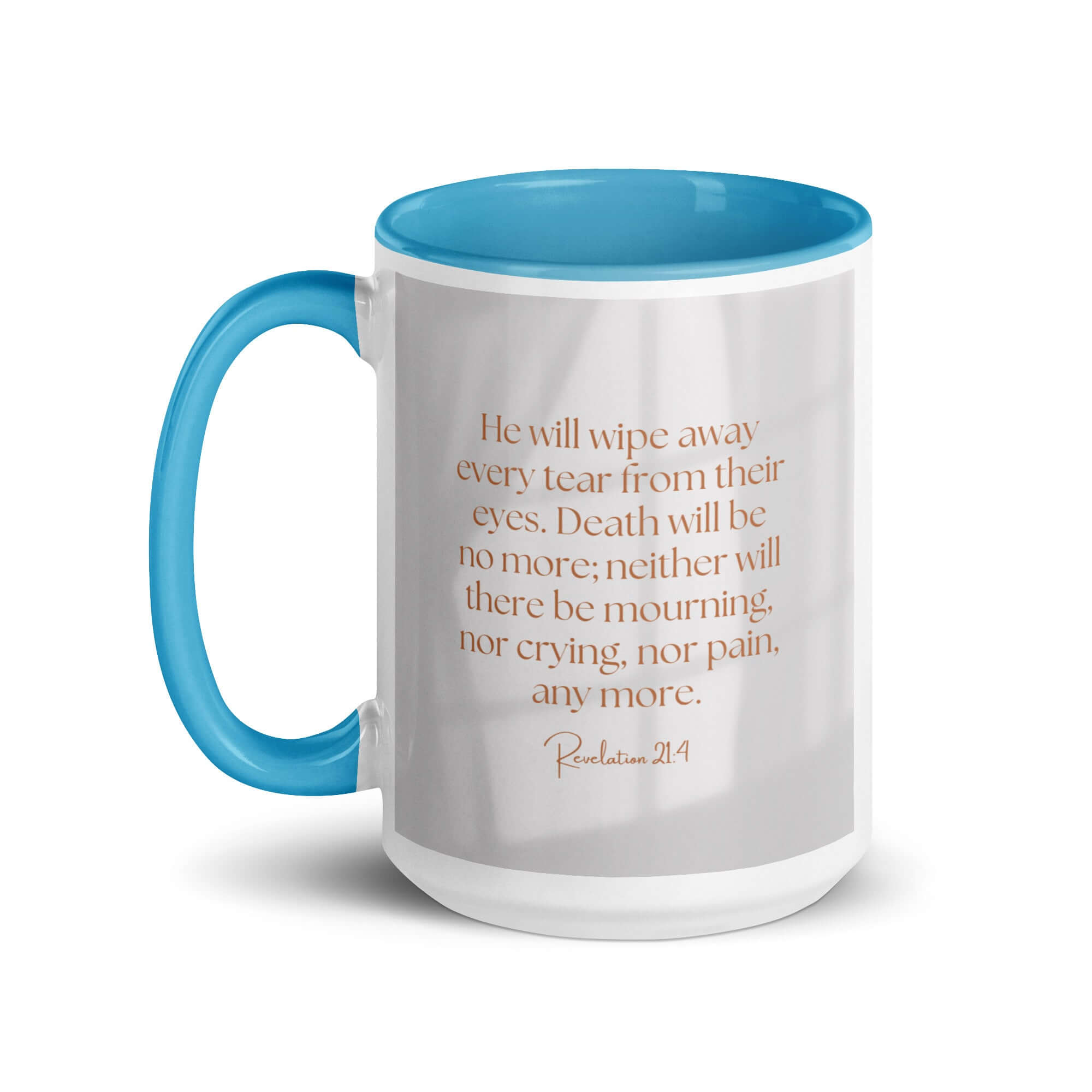 Revelation 21:4 Bible Verse, He will wipe White Ceramic Mug with Color Inside