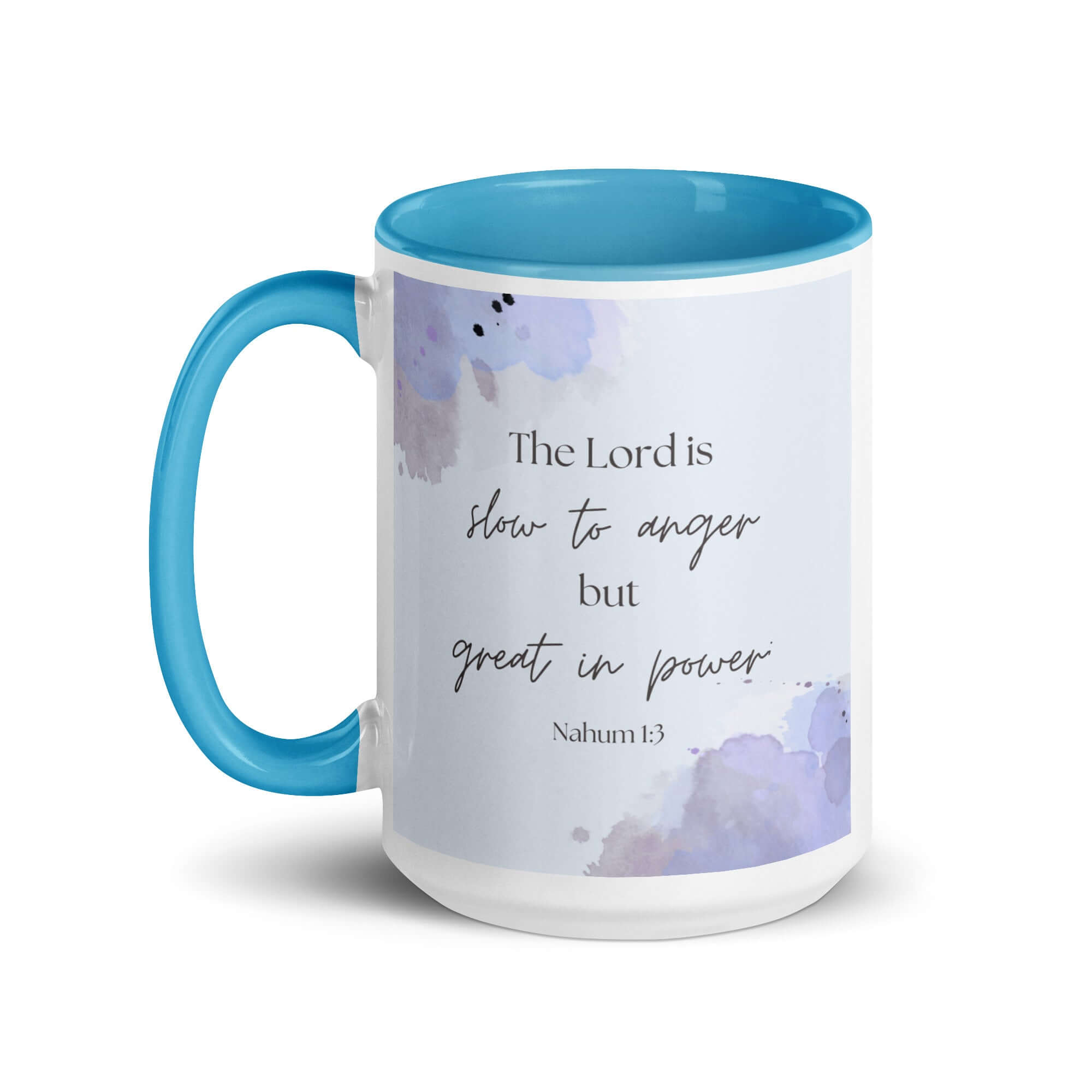 Nahum 1:3 Bible Verse, great in power White Ceramic Mug with Color Inside