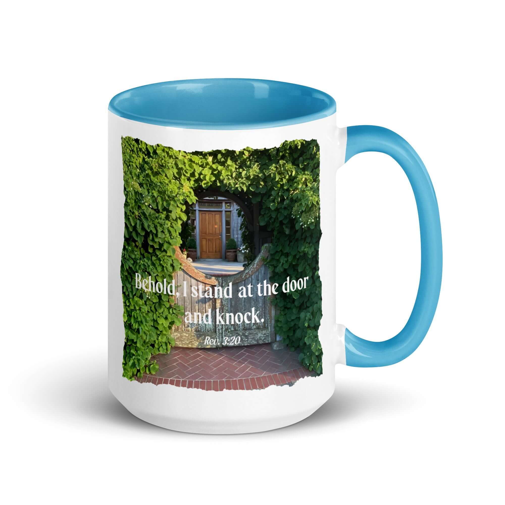 Rev 3:20 Bible Verse, Garden Doorway White Ceramic Mug with Color Inside