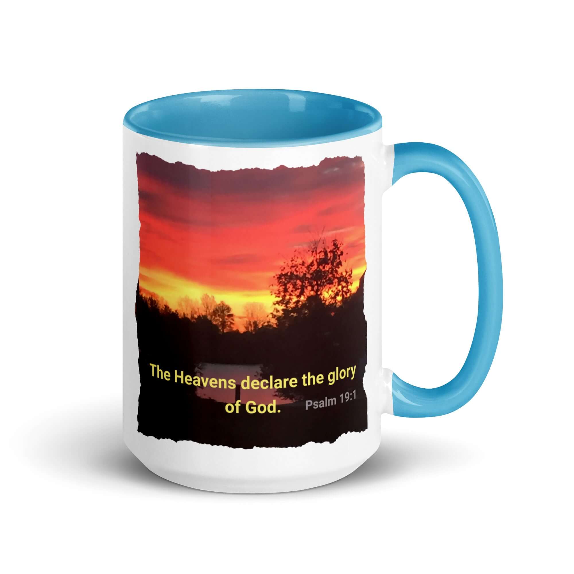 Psalm 19:1 Bible Verse, Sunset Glory White Ceramic Mug with Color Inside