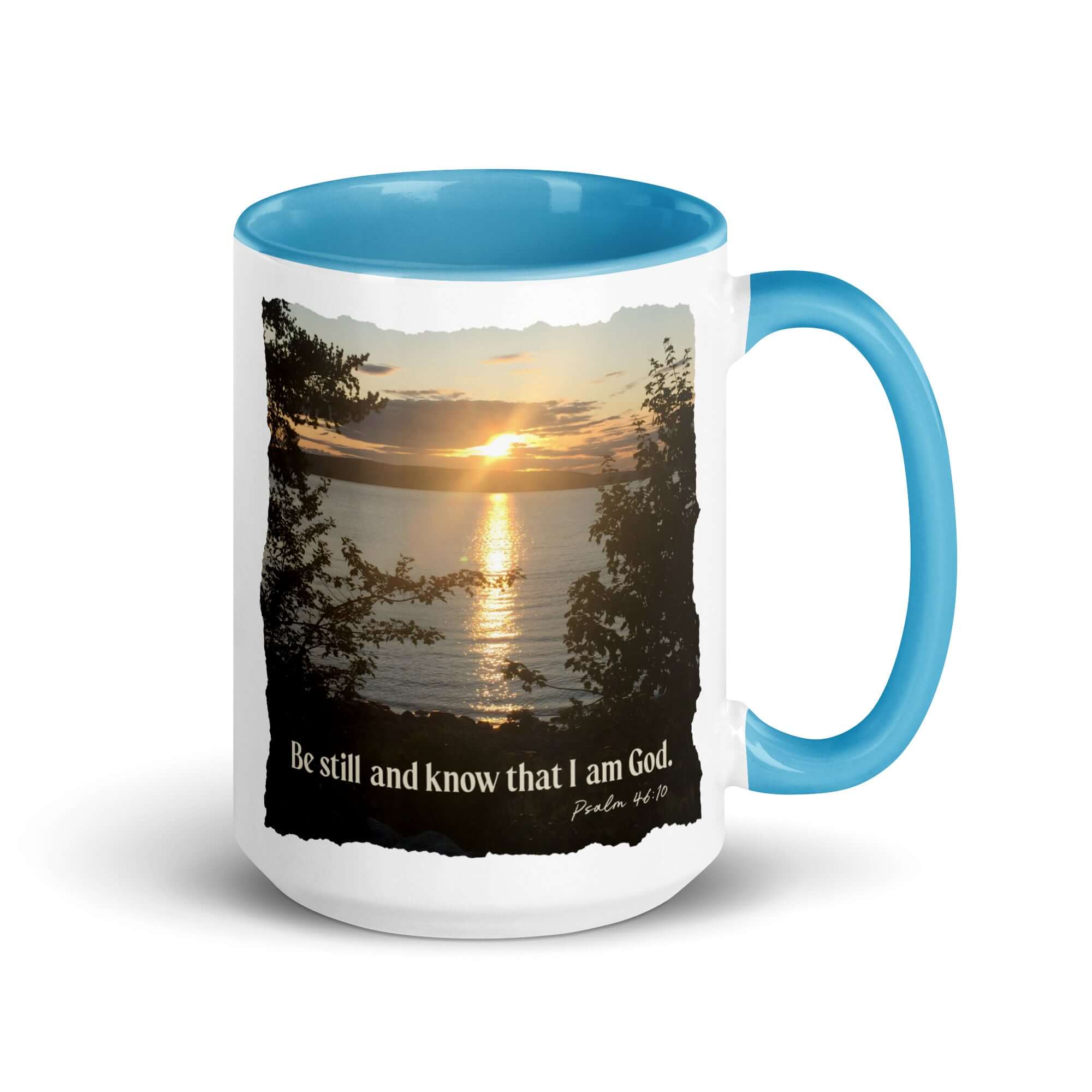 Psalm 46:10 Bible Verse, Sunset Glory White Ceramic Mug with Color Inside