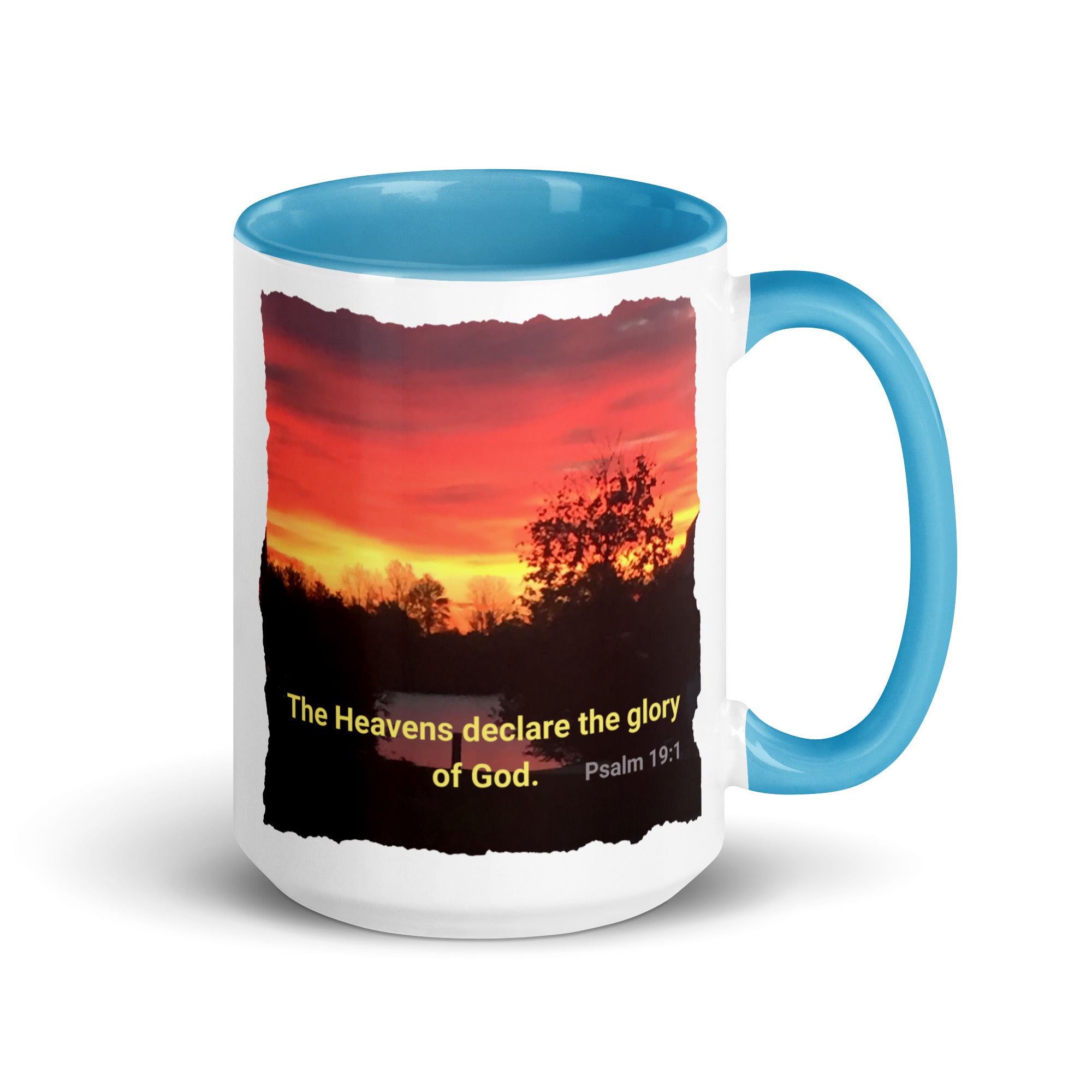 Psalm 19:1 Bible Verse, Sunset Glory White Ceramic Mug with Color Inside