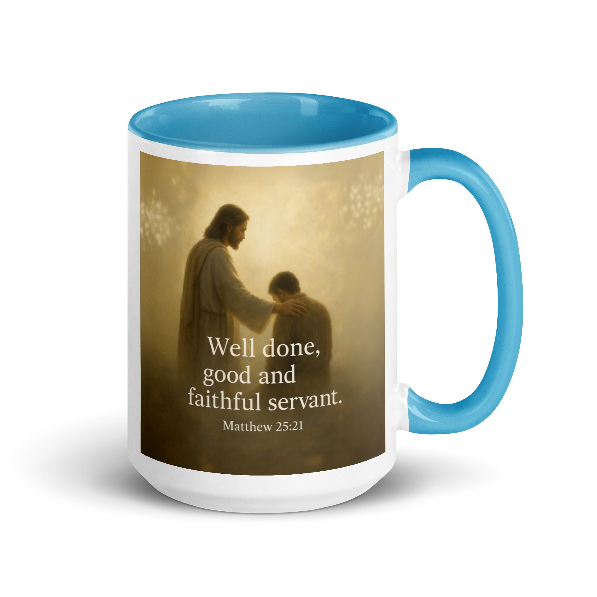 Matthew 25:21 Bible Verse Well Done White Ceramic Mug with Color Inside Blue 15 oz