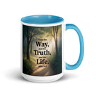 John 14:6 Bible Verse The Life White Ceramic Mug with Color Inside Blue 15 oz