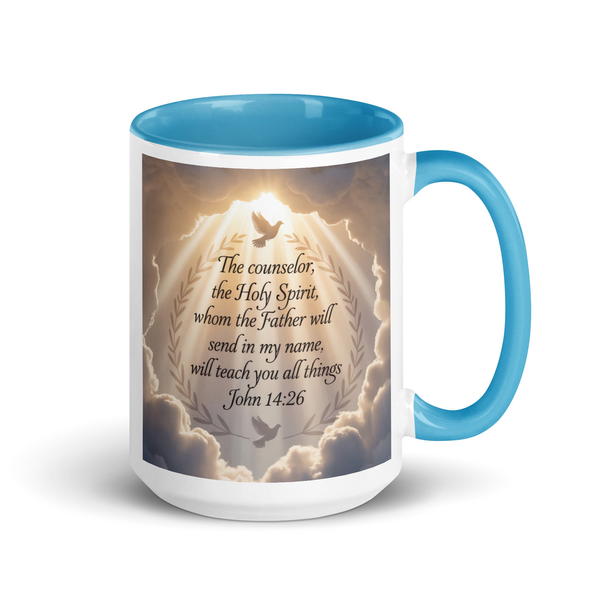 John 14:26 Bible Verse Counselor White Ceramic Mug with Color Inside Blue 15 oz
