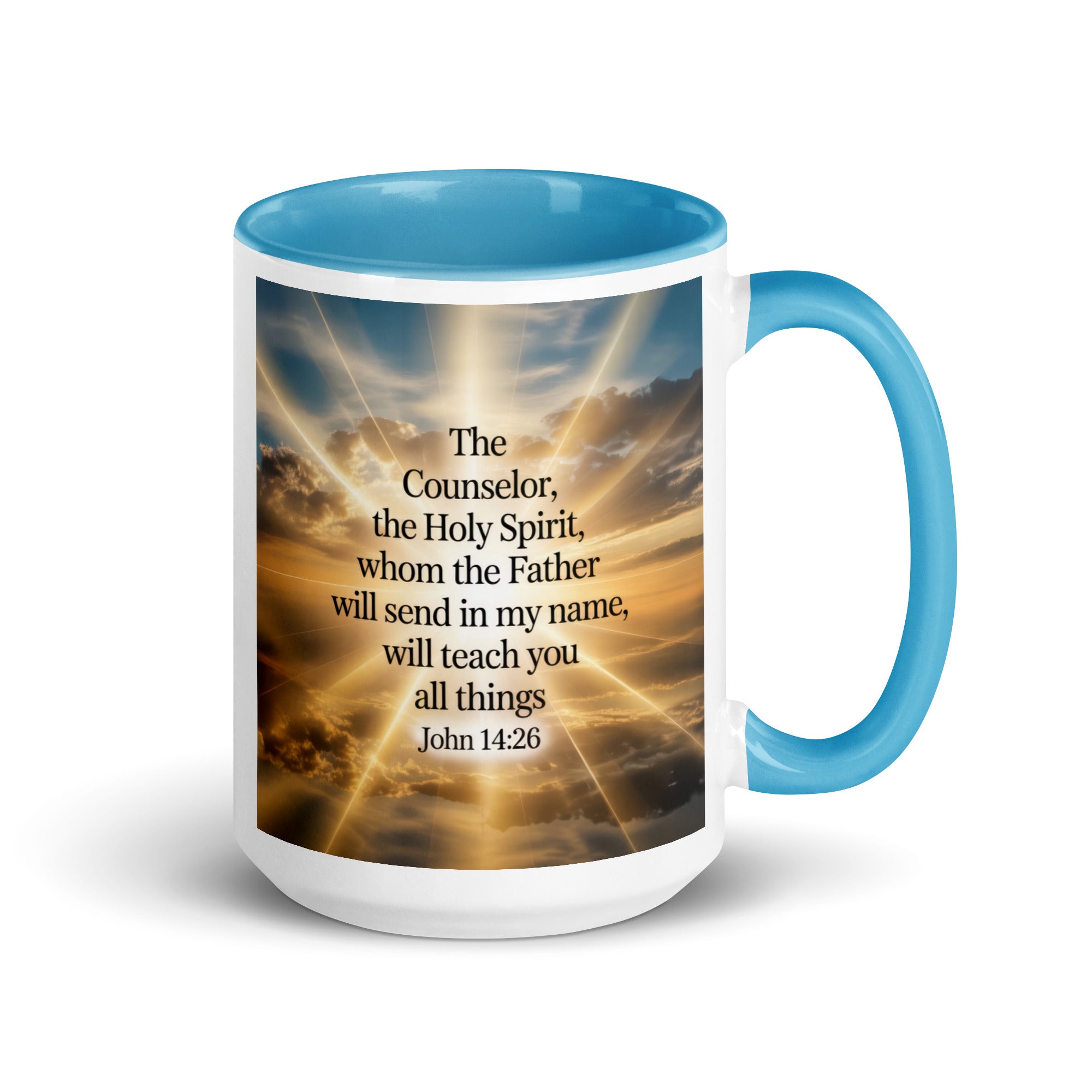 John 14:26 Bible Verse will send White Ceramic Mug with Color Inside Blue 15 oz