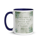 Nahum 1:3 Bible Verse, The Lord is slow White Ceramic Mug with Color Inside