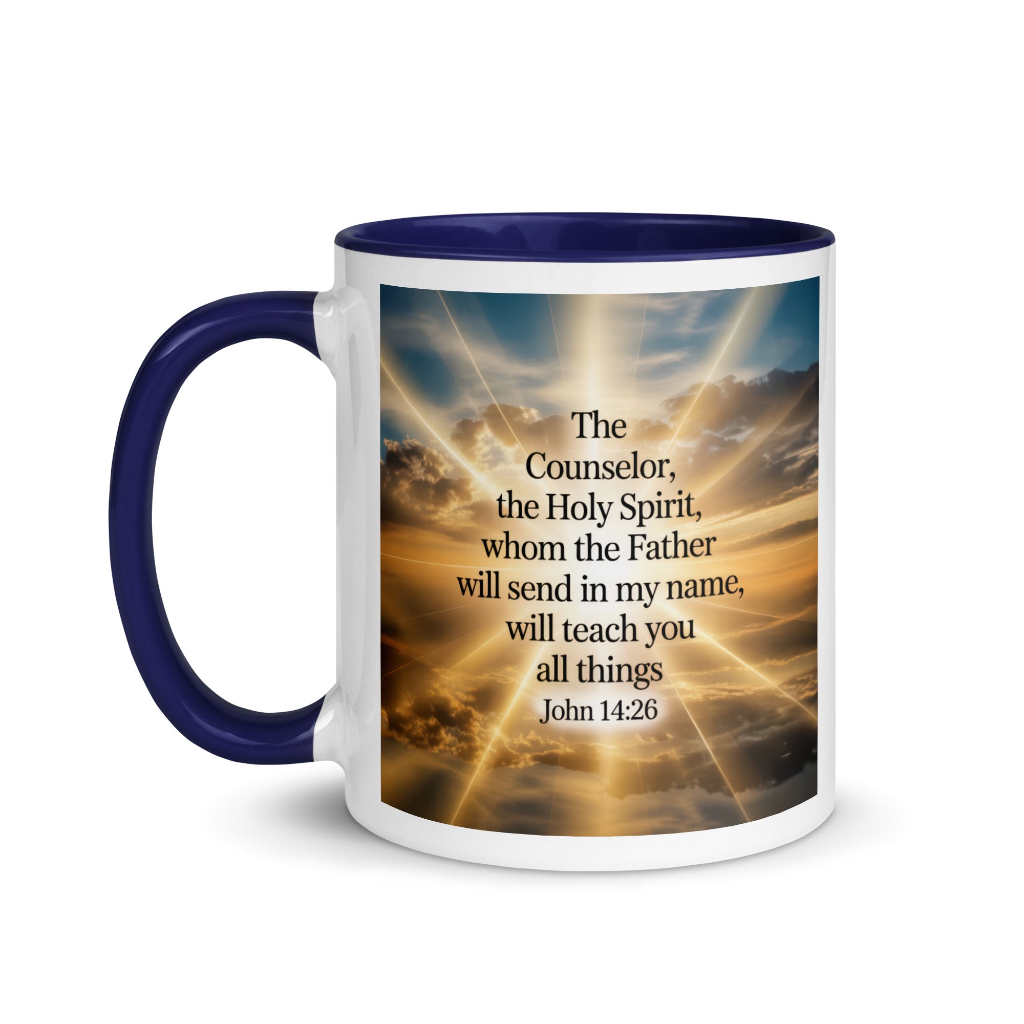 John 14:26 Bible Verse will send White Ceramic Mug with Color Inside