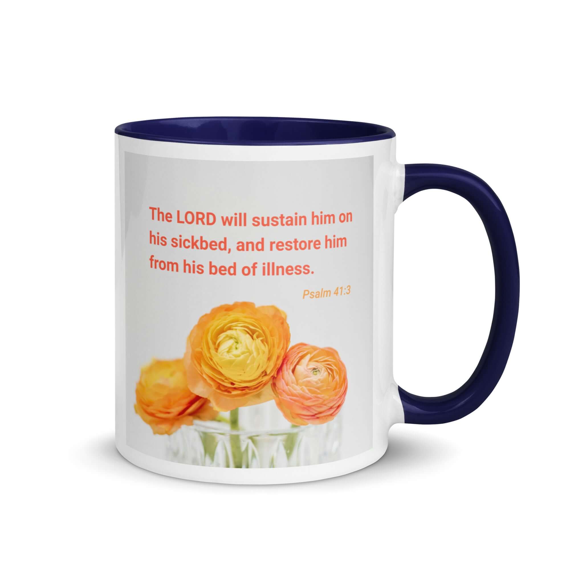 Psalm 41:3 - Bible Verse, LORD will sustain White Ceramic Mug with Color Inside