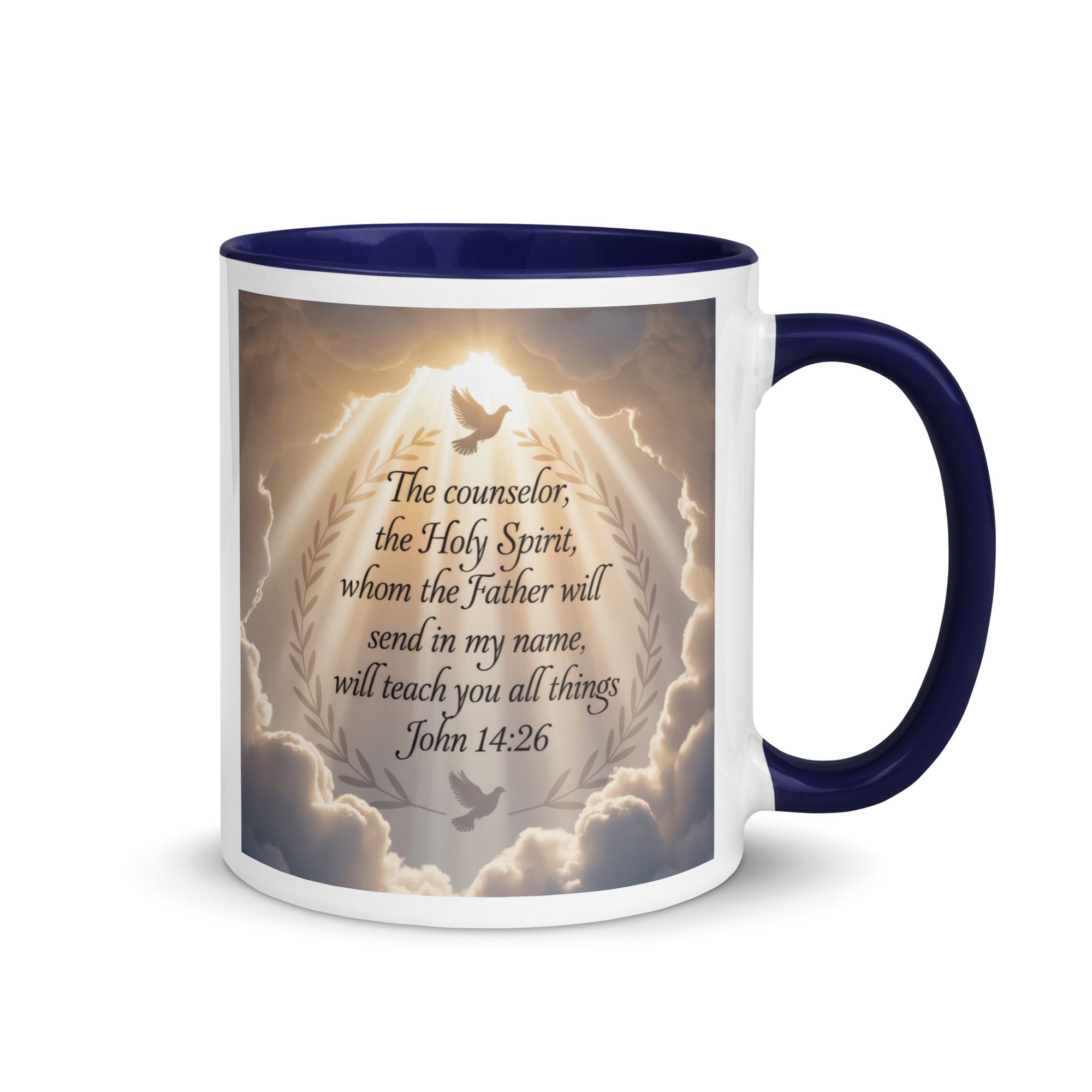 John 14:26 Bible Verse Counselor White Ceramic Mug with Color Inside Dark Blue 11 oz