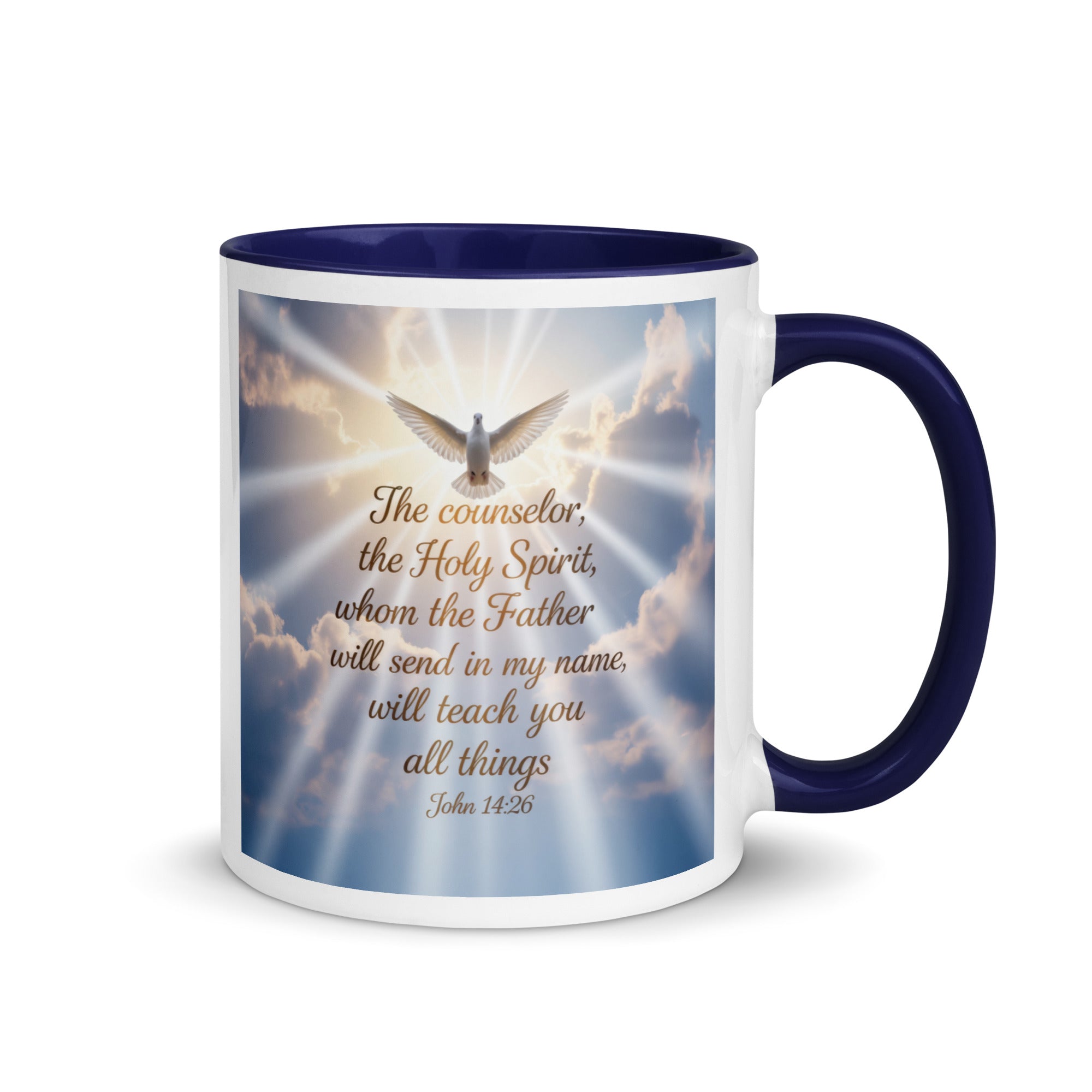 John 14:26 Bible Verse Father White Ceramic Mug with Color Inside Dark Blue 11 oz