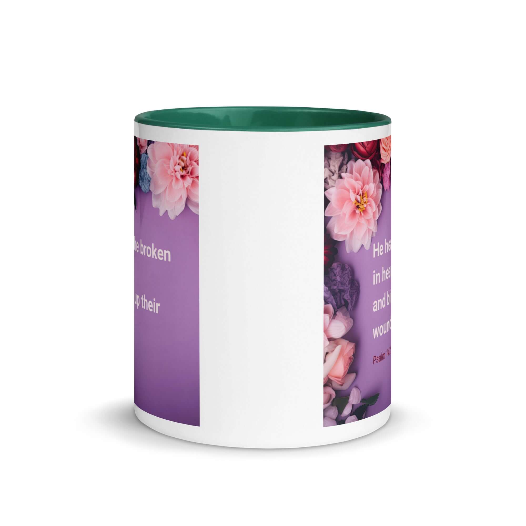 Psalm 147:3 - Bible Verse, He heals the broken White Ceramic Mug with Color Inside