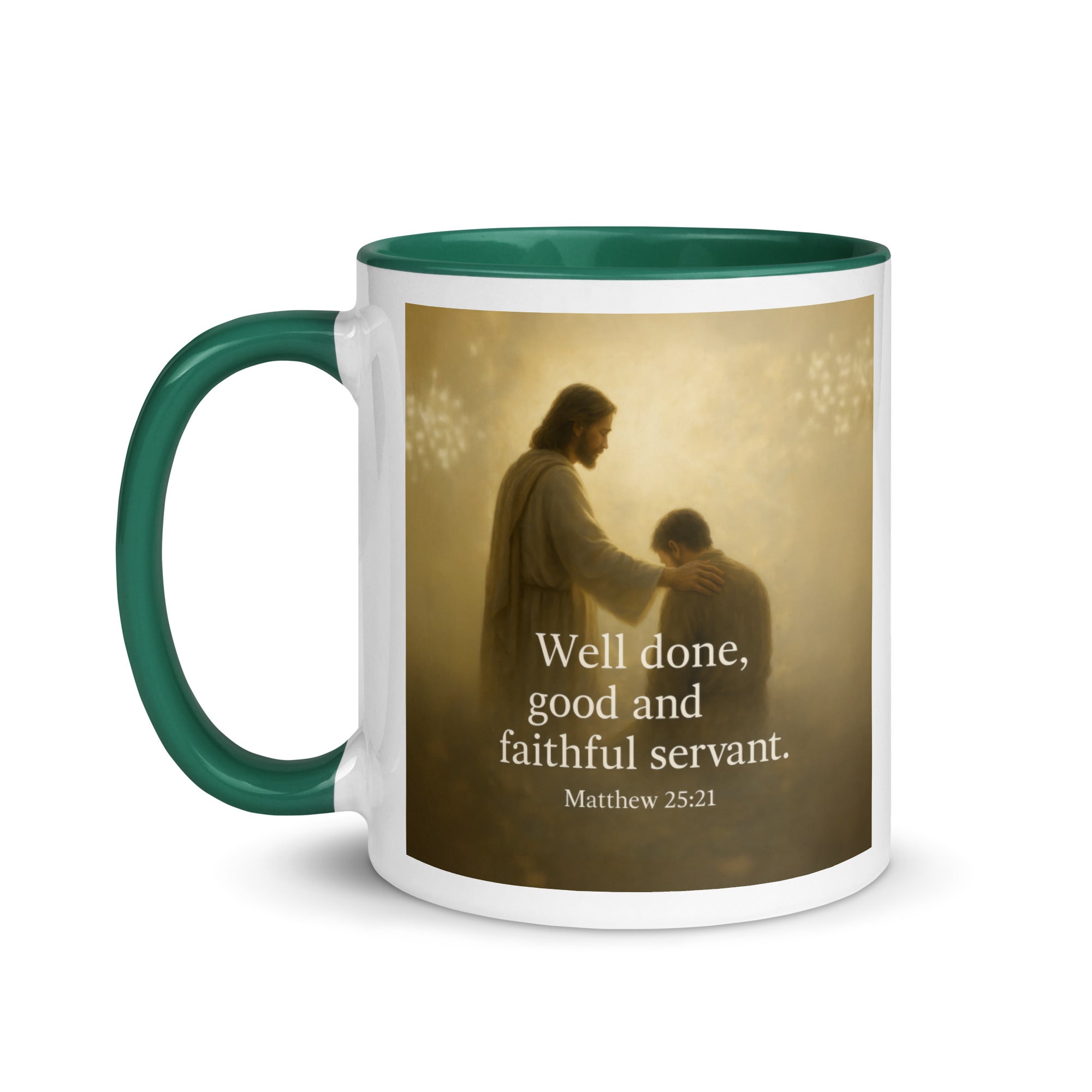 Matthew 25:21 Bible Verse Well Done White Ceramic Mug with Color Inside