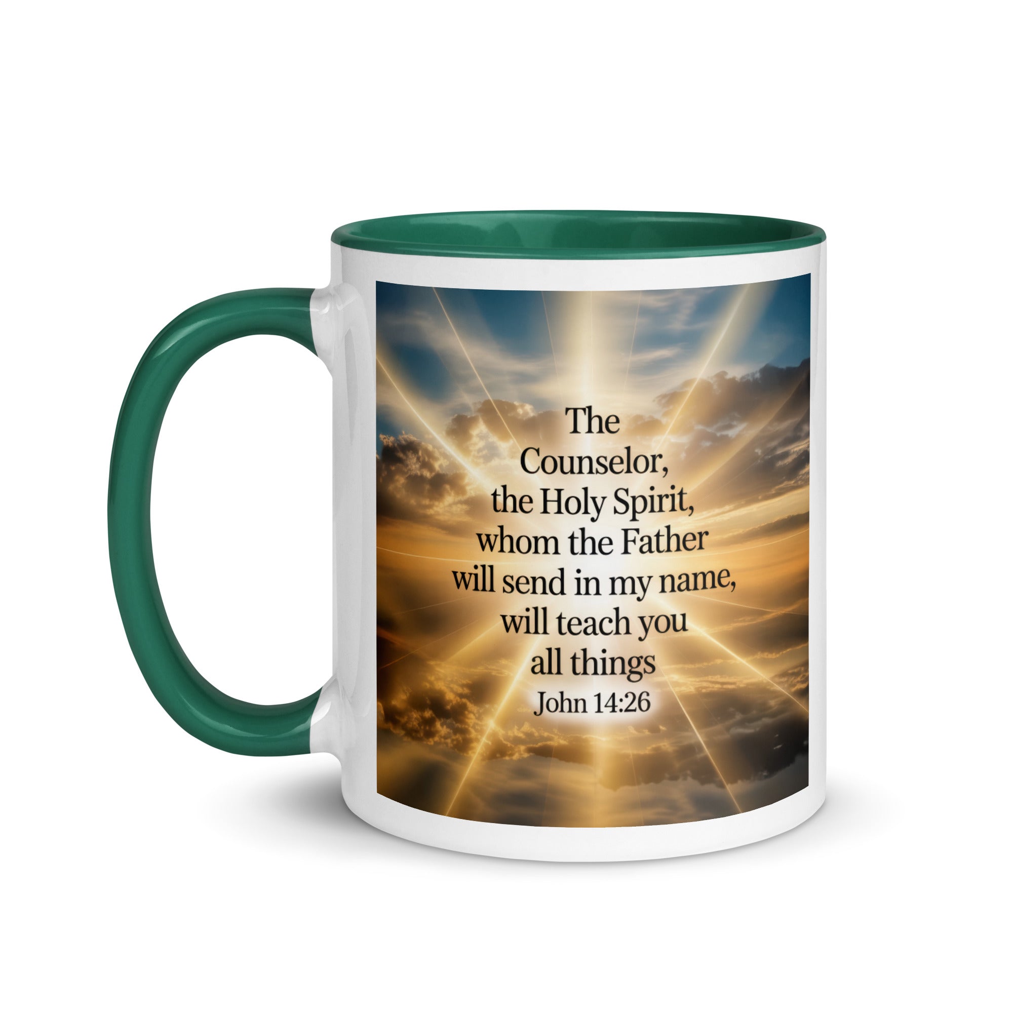 John 14:26 Bible Verse will send White Ceramic Mug with Color Inside