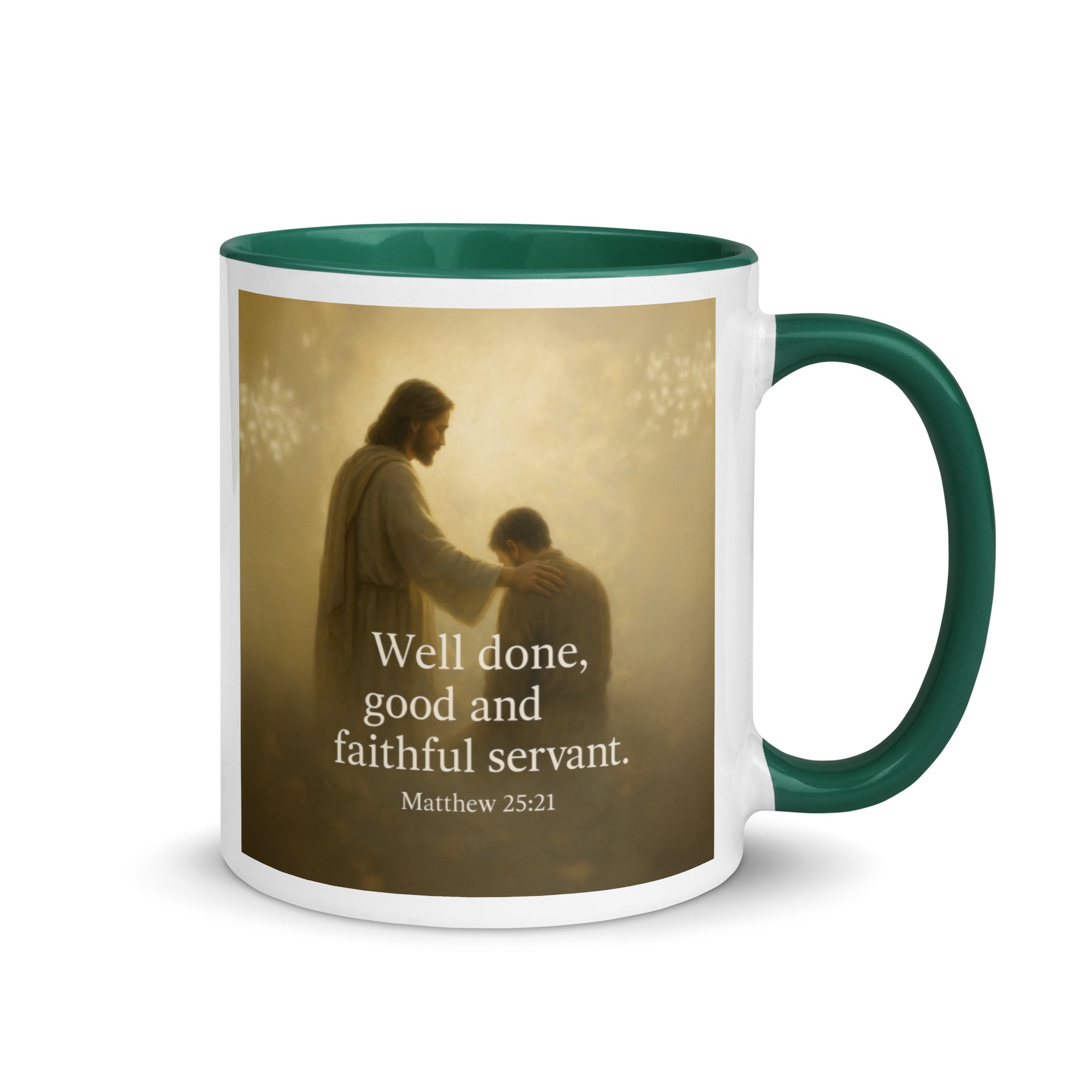 Matthew 25:21 Bible Verse Well Done White Ceramic Mug with Color Inside Dark green 11 oz