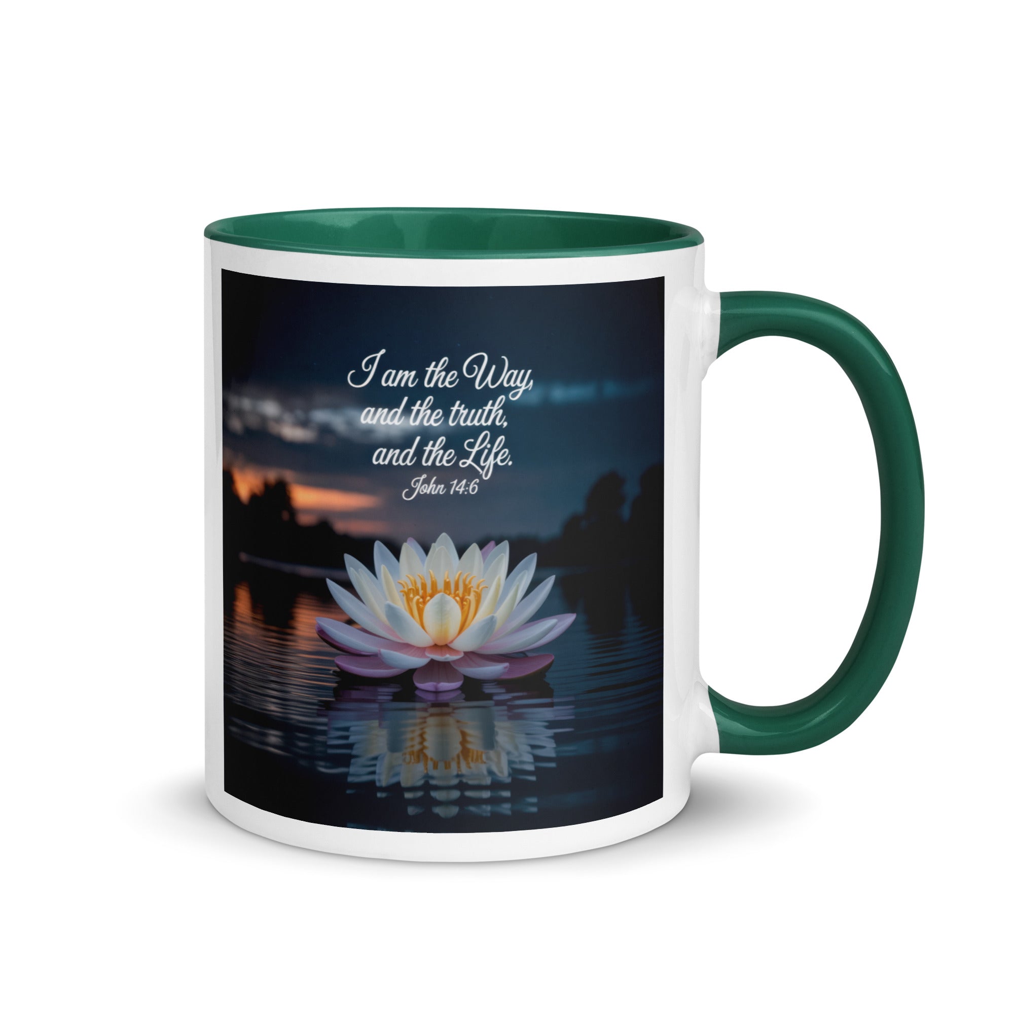 John 14:6 Bible Verse The Father White Ceramic Mug with Color Inside Dark green 11 oz