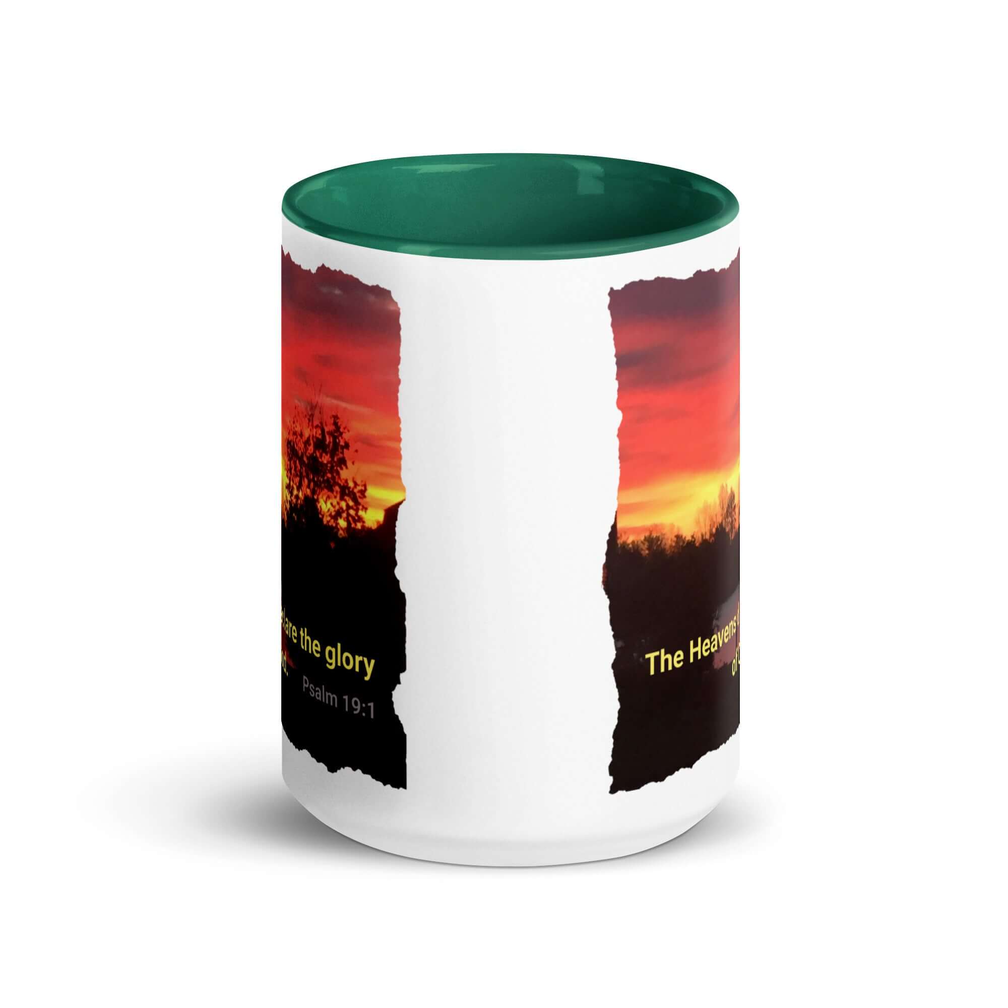 Psalm 19:1 Bible Verse, Sunset Glory White Ceramic Mug with Color Inside