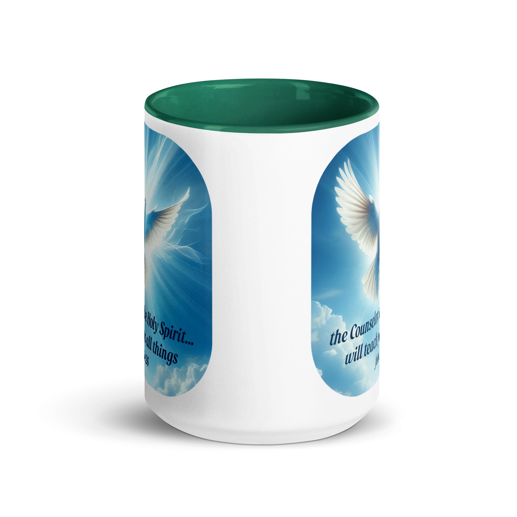 John 14:26 - Bible Verse, Holy Spirit Dove White Ceramic Mug with Color Inside