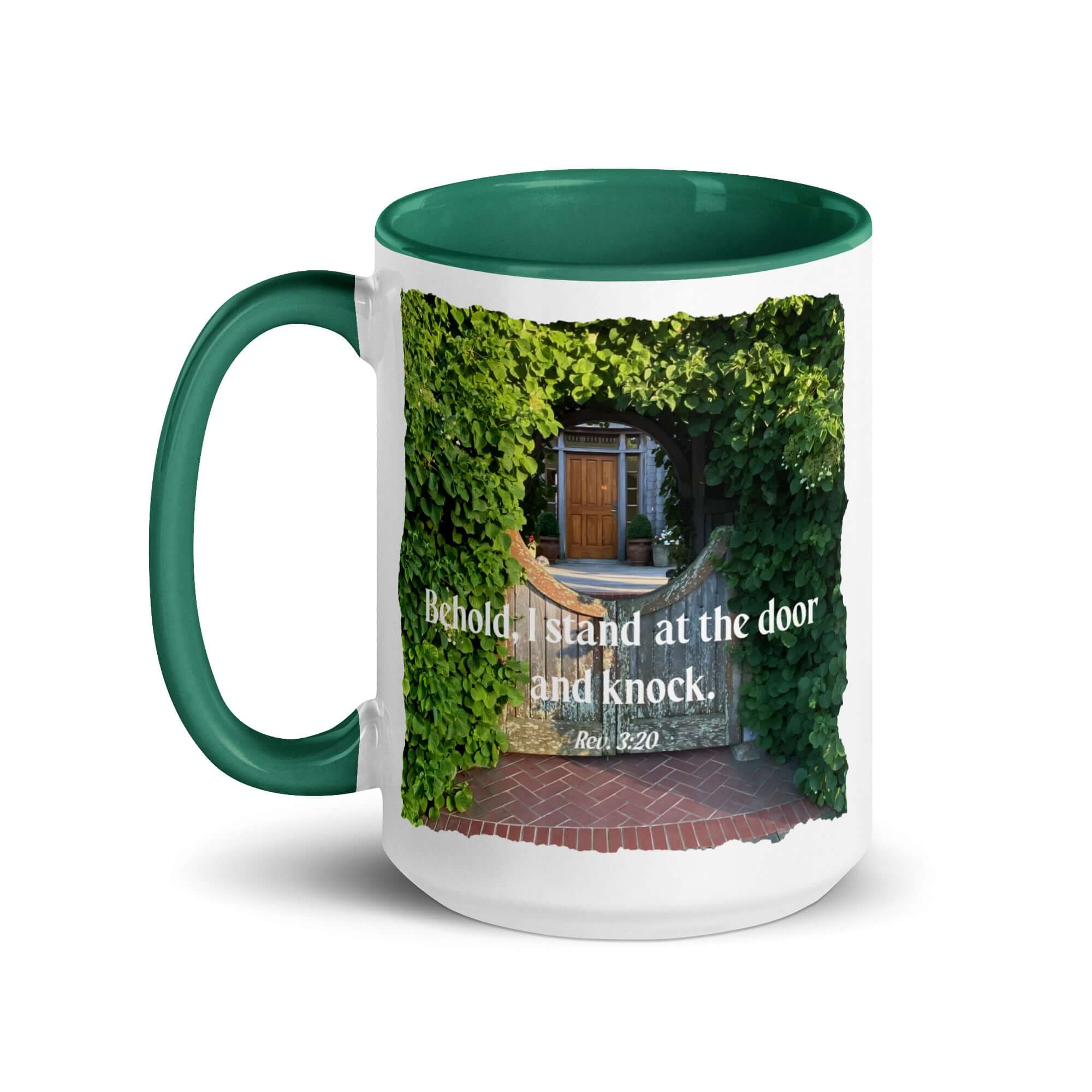 Rev 3:20 Bible Verse, Garden Doorway White Ceramic Mug with Color Inside