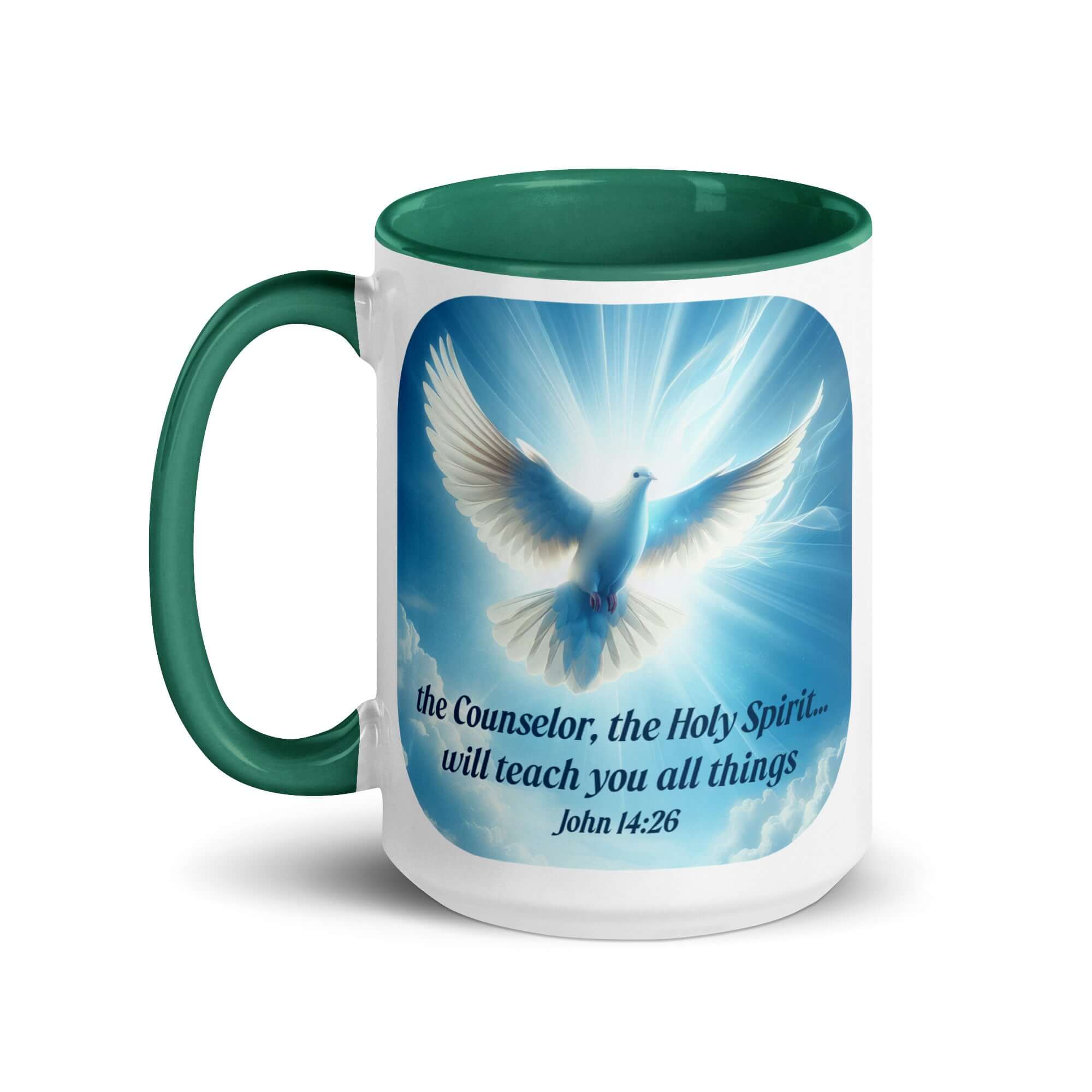 John 14:26 - Bible Verse, Holy Spirit Dove White Ceramic Mug with Color Inside