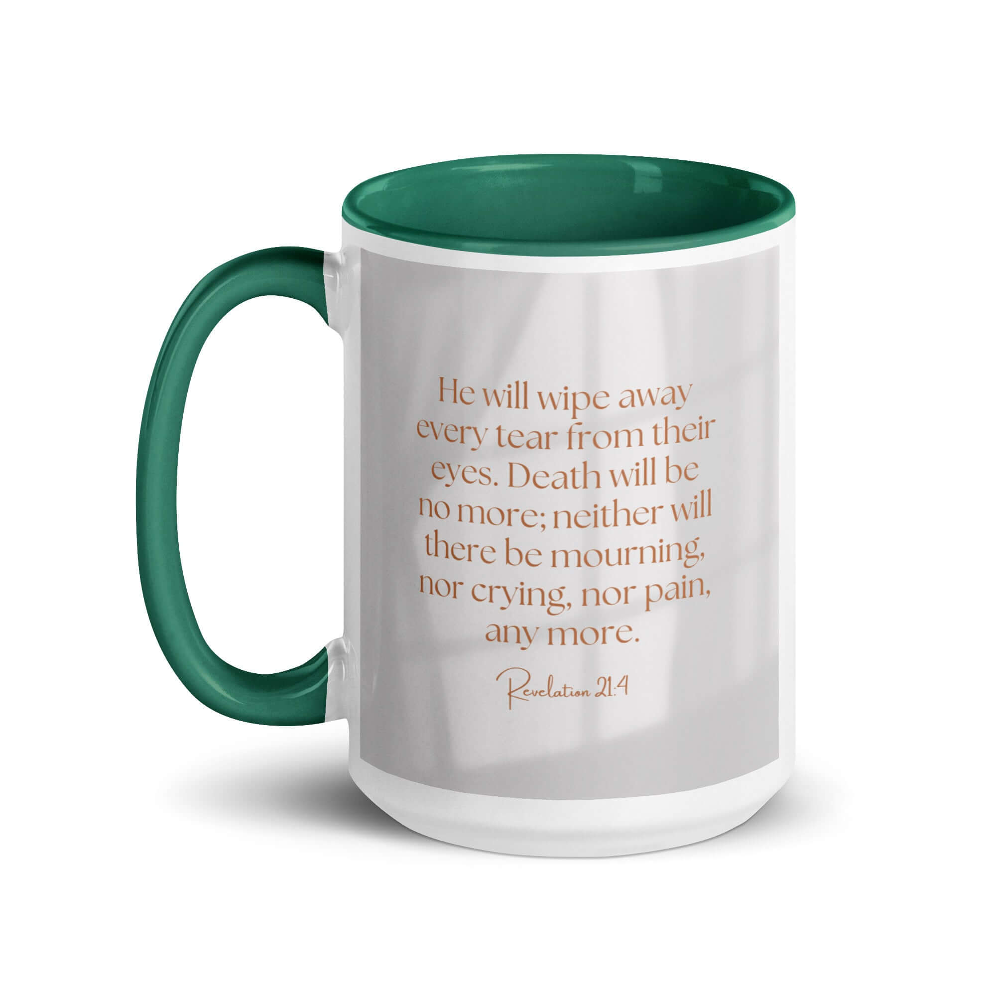 Revelation 21:4 Bible Verse, He will wipe White Ceramic Mug with Color Inside