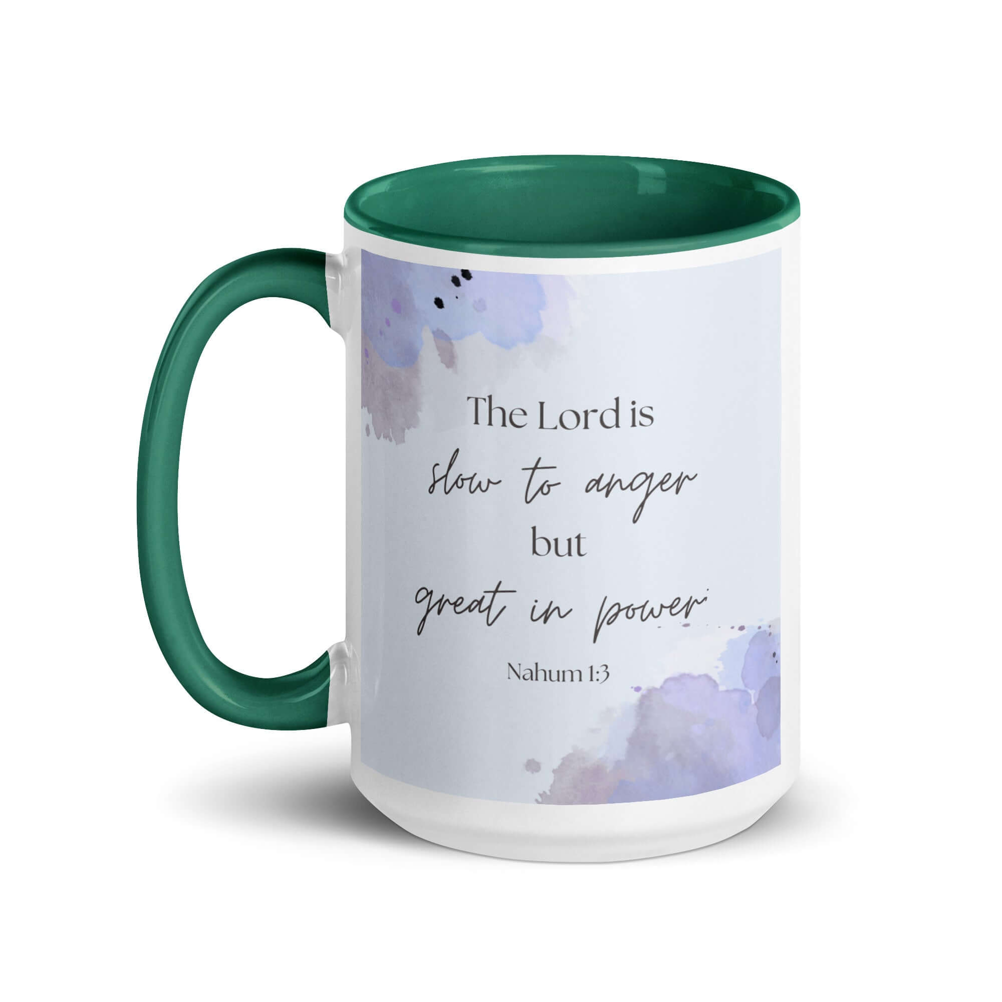 Nahum 1:3 Bible Verse, great in power White Ceramic Mug with Color Inside