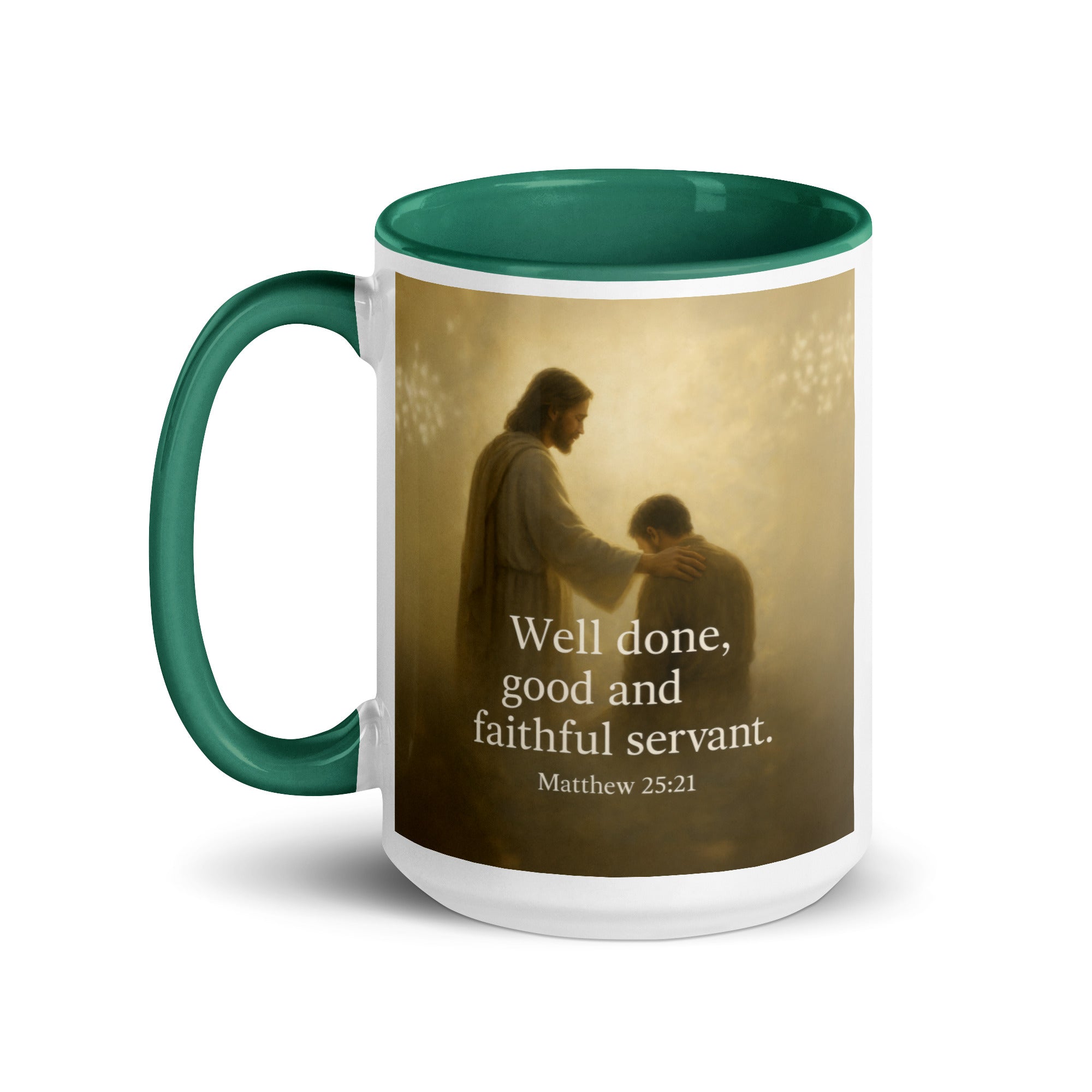 Matthew 25:21 Bible Verse Well Done White Ceramic Mug with Color Inside