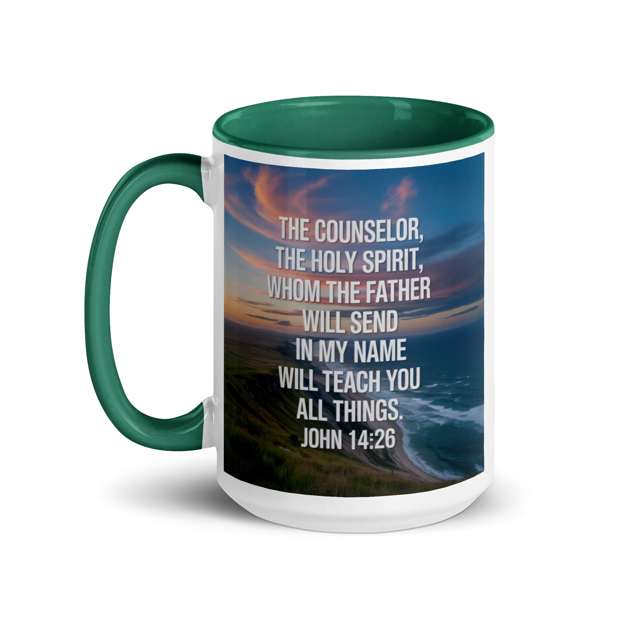 John 14:26 Bible Verse will teach White Ceramic Mug with Color Inside