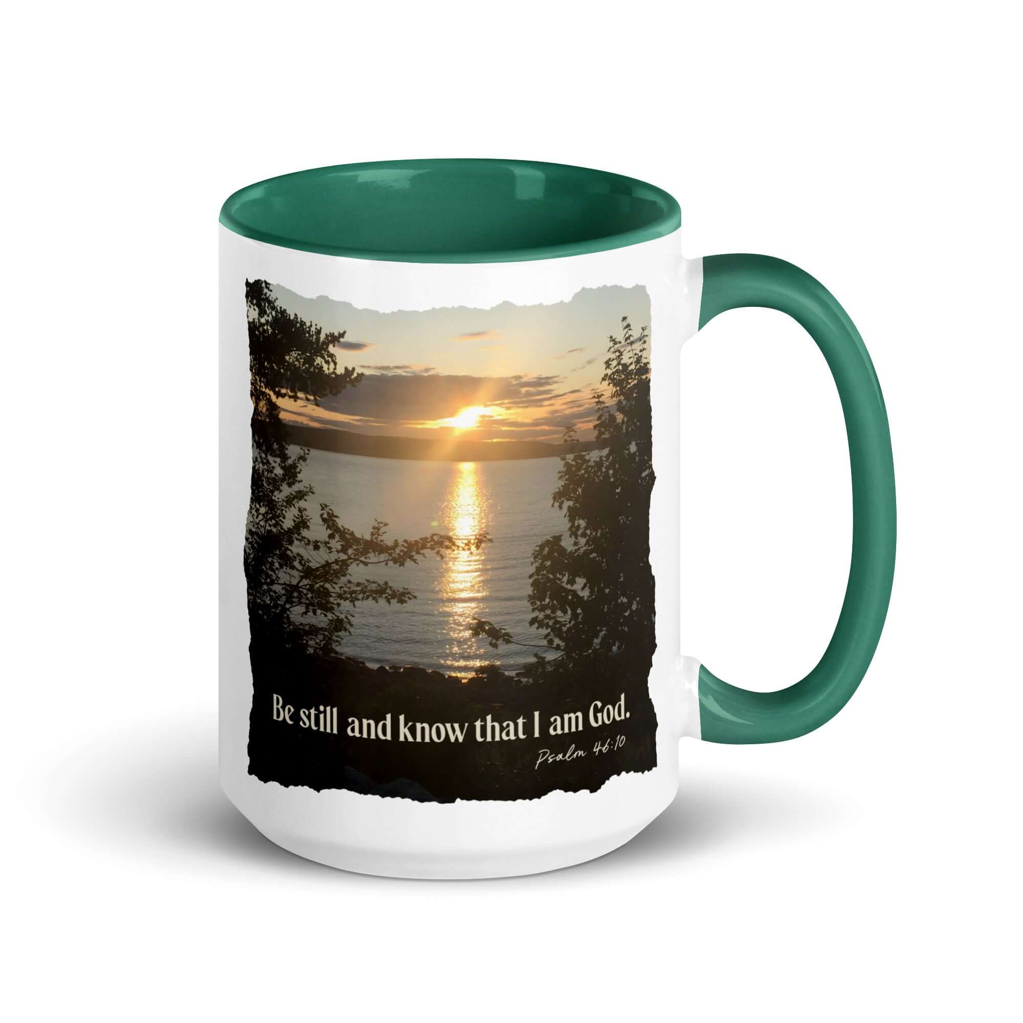 Psalm 46:10 Bible Verse, Sunset Glory White Ceramic Mug with Color Inside