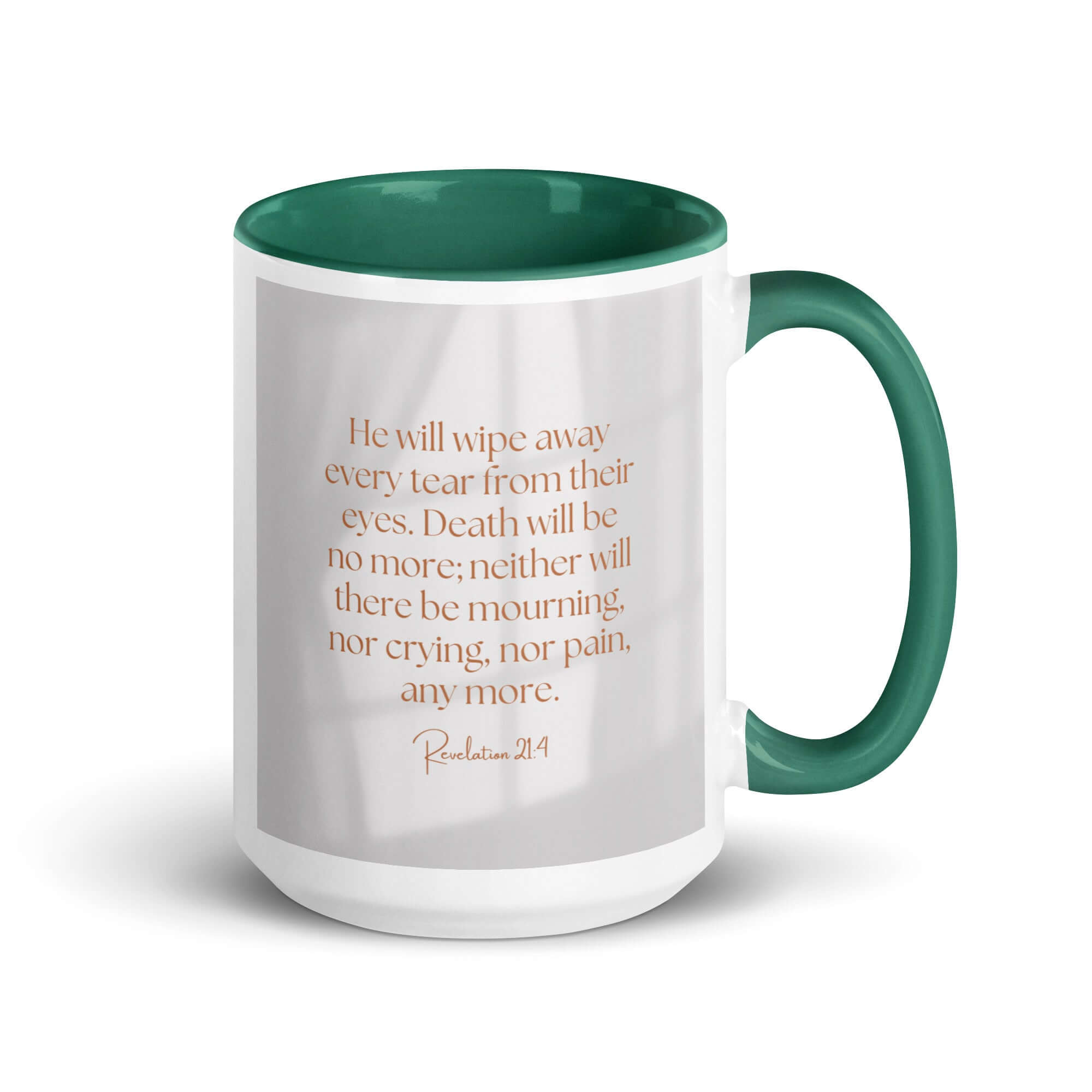 Revelation 21:4 Bible Verse, He will wipe White Ceramic Mug with Color Inside