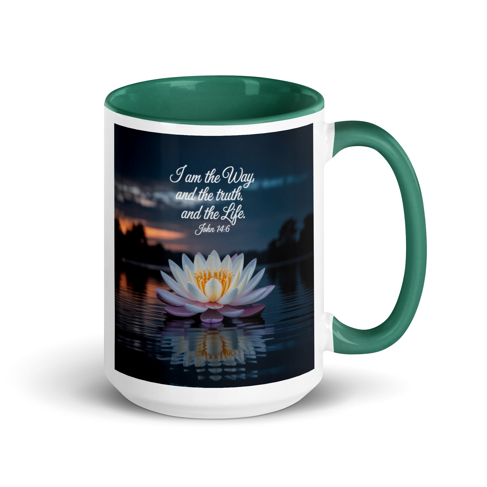 John 14:6 Bible Verse The Father White Ceramic Mug with Color Inside Dark green 15 oz