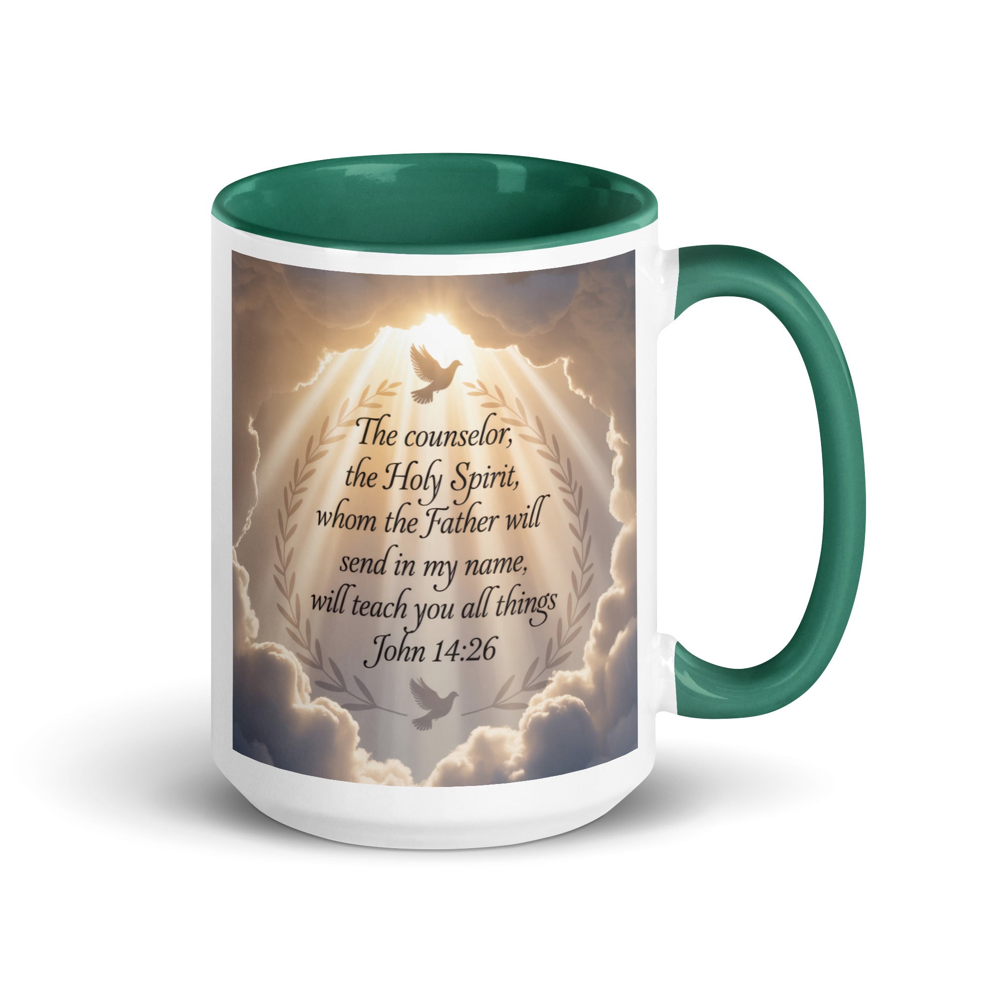 John 14:26 Bible Verse Counselor White Ceramic Mug with Color Inside Dark green 15 oz