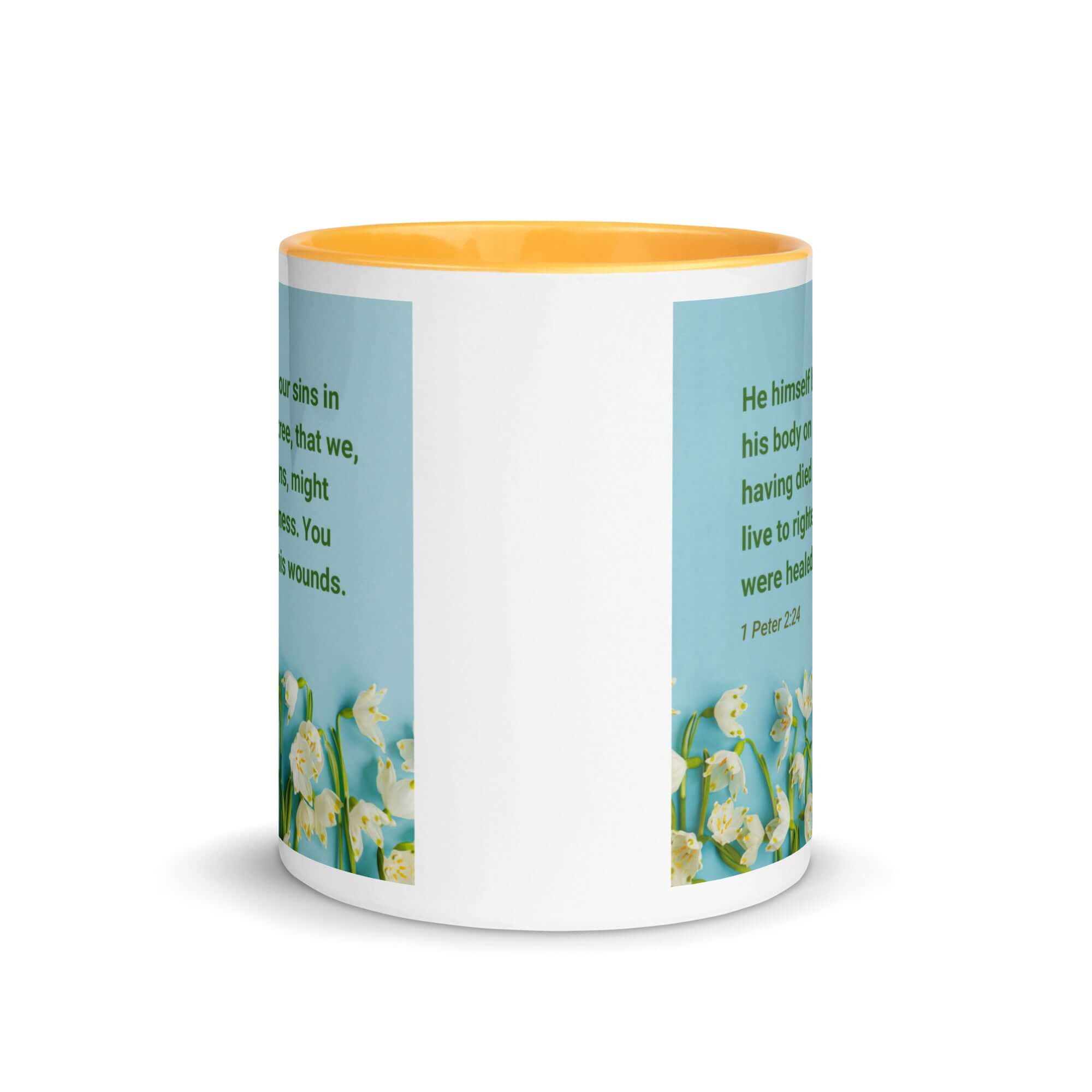 1 Peter 2:24 - Bible Verse, healed by His wounds White Ceramic Mug with Color Inside