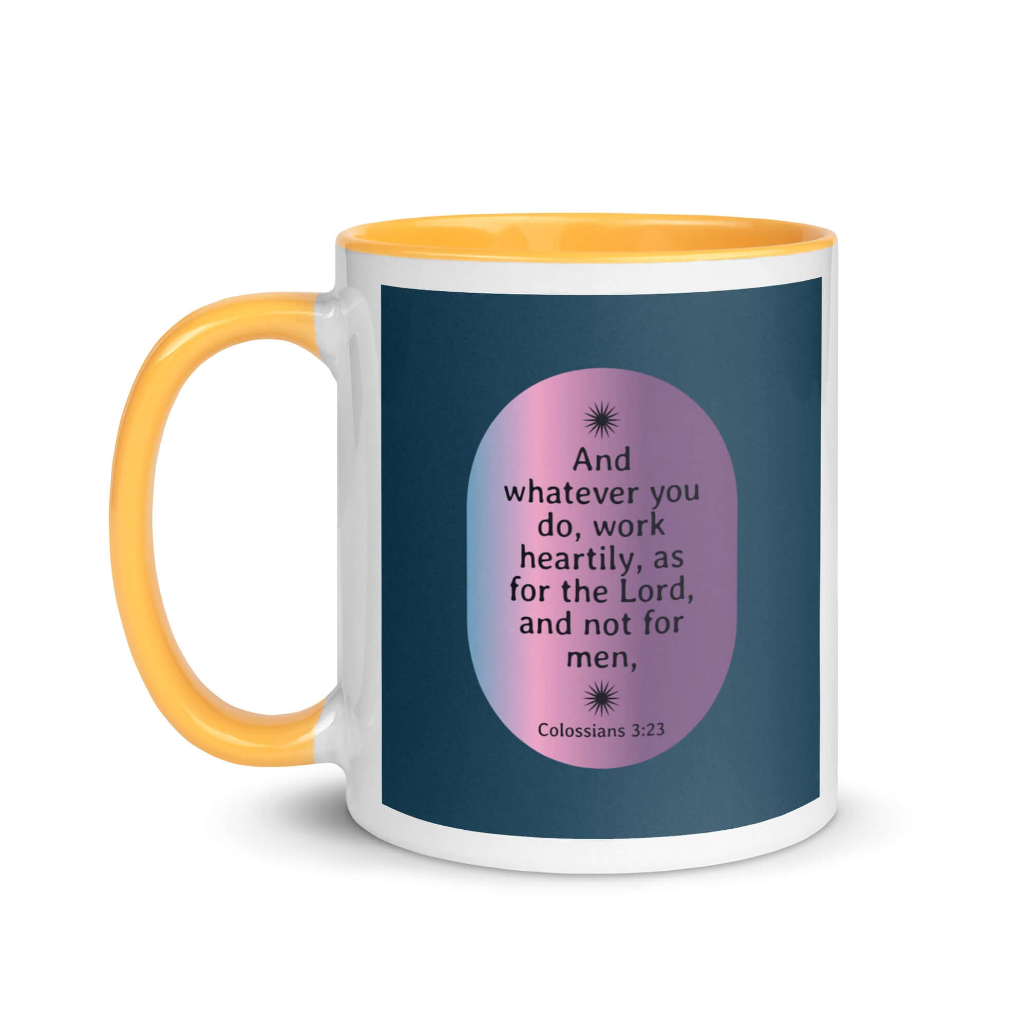 Col 3:23 - Bible Verse, work heartily White Ceramic Mug with Color Inside