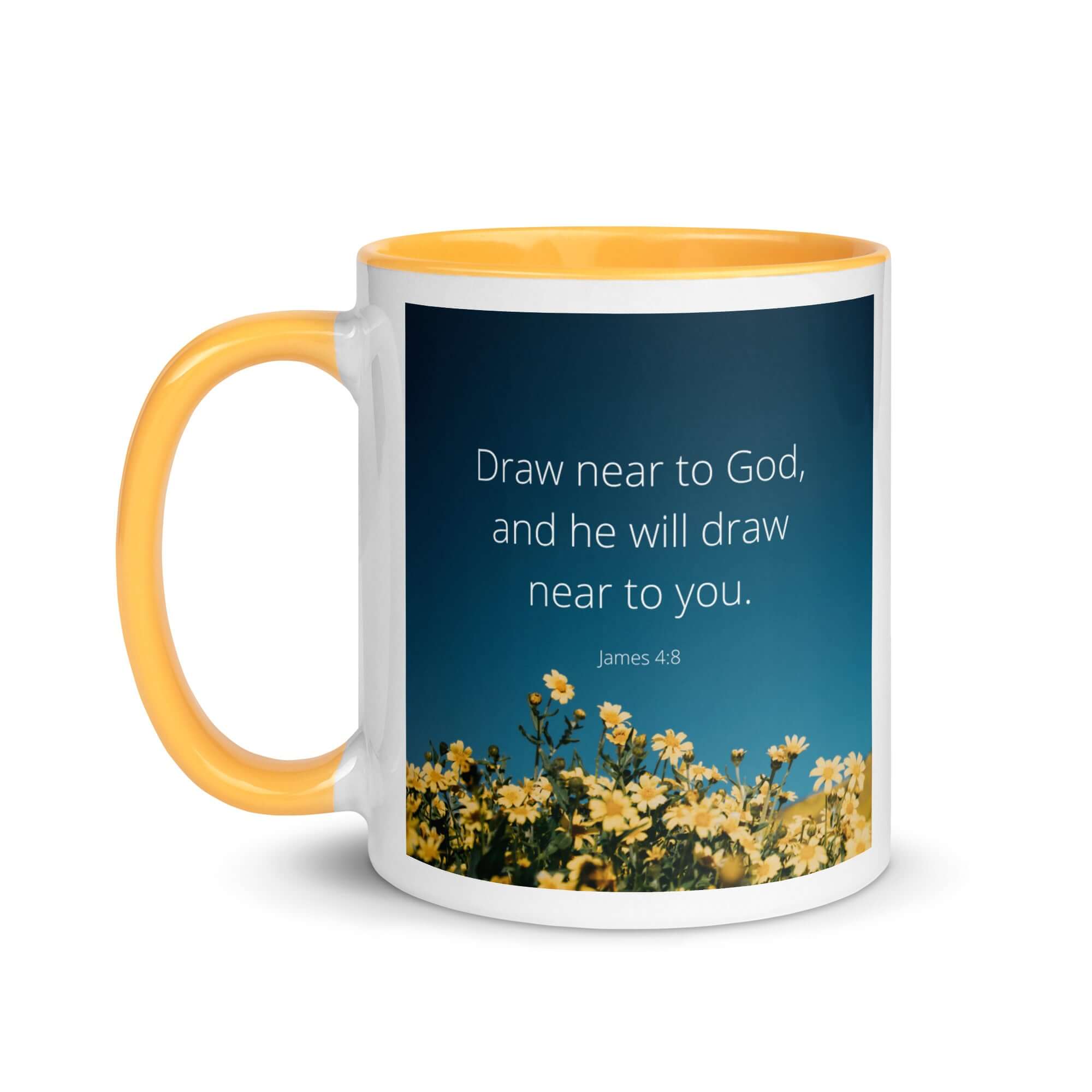 James 4:8 Bible Verse, near to you White Ceramic Mug with Color Inside