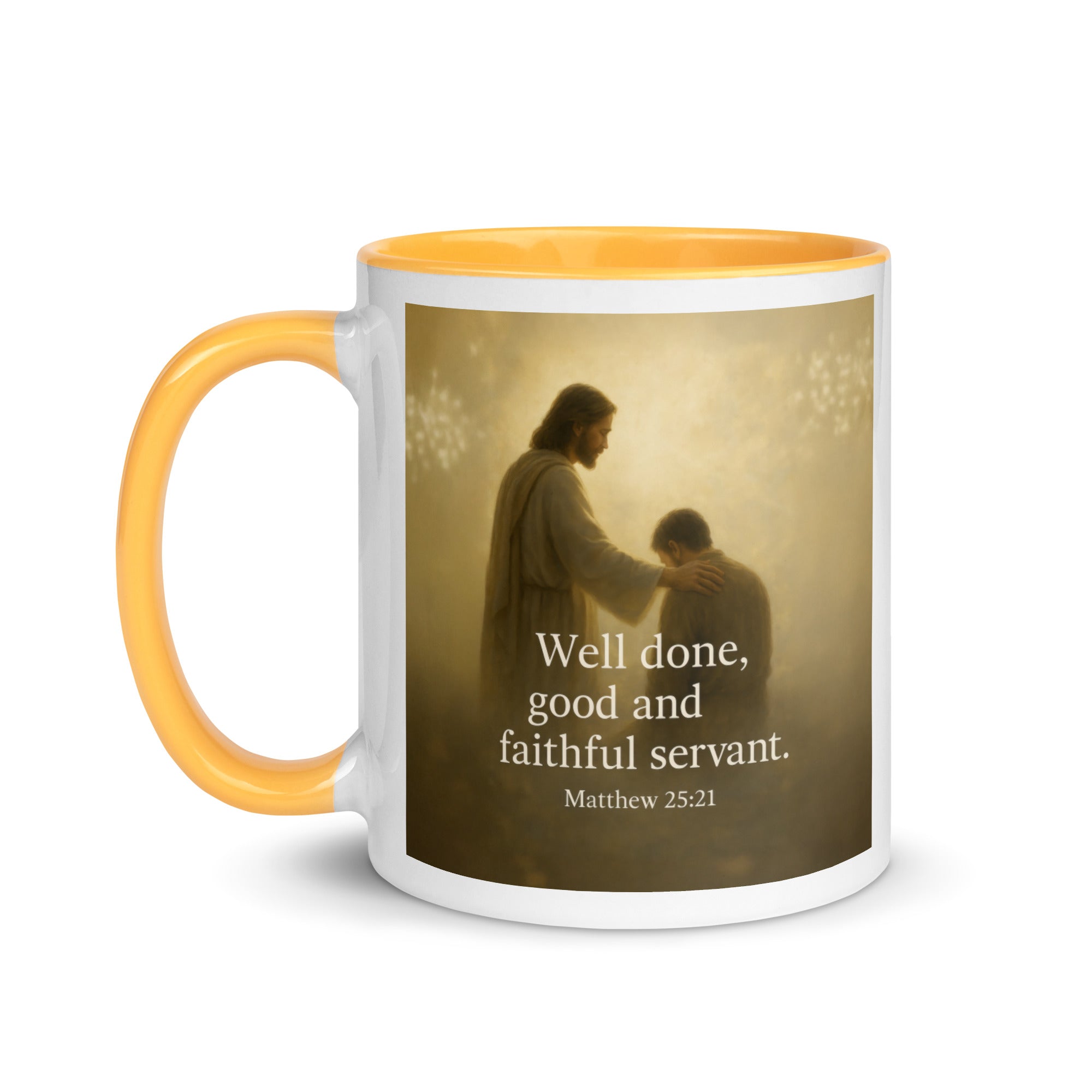 Matthew 25:21 Bible Verse Well Done White Ceramic Mug with Color Inside