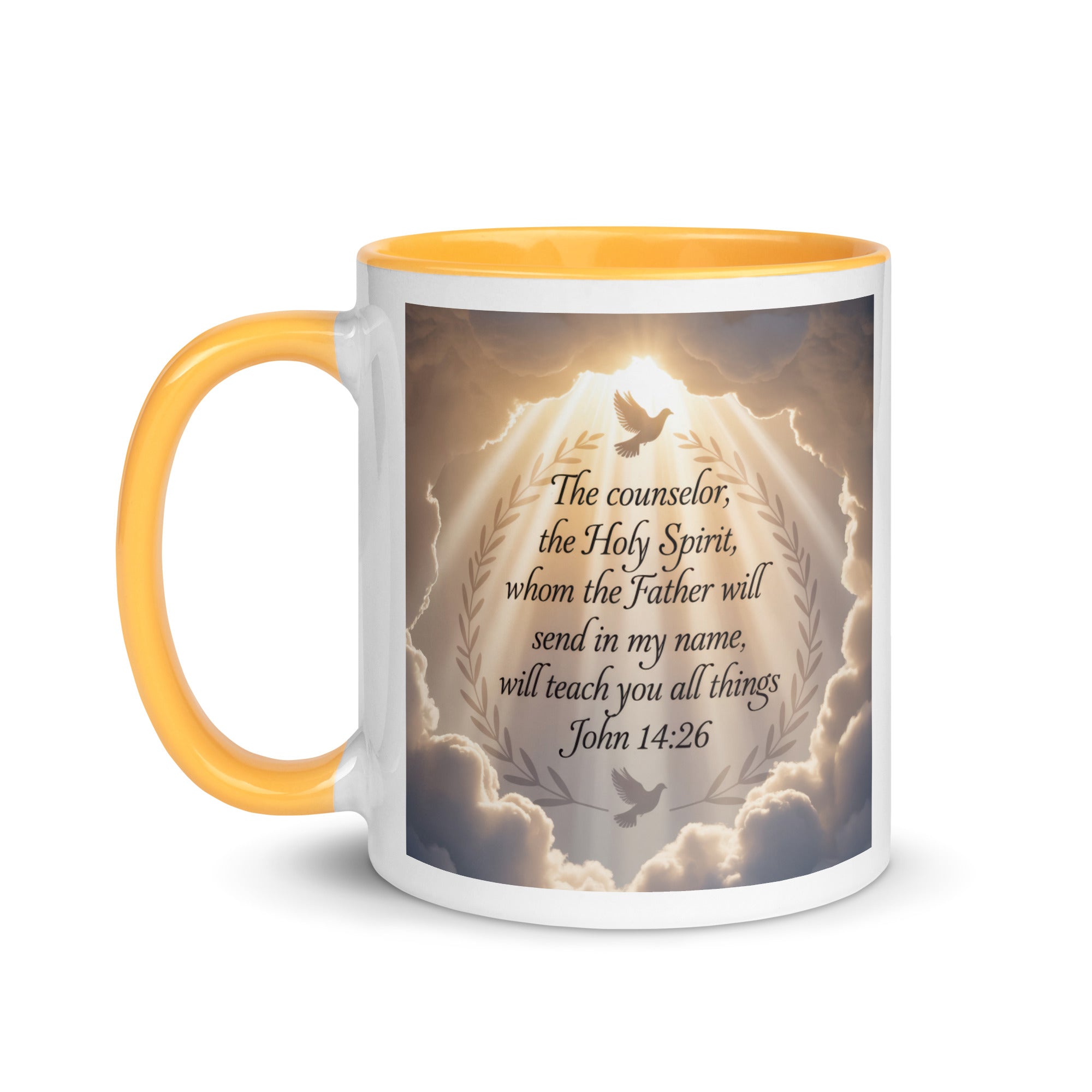 John 14:26 Bible Verse Counselor White Ceramic Mug with Color Inside