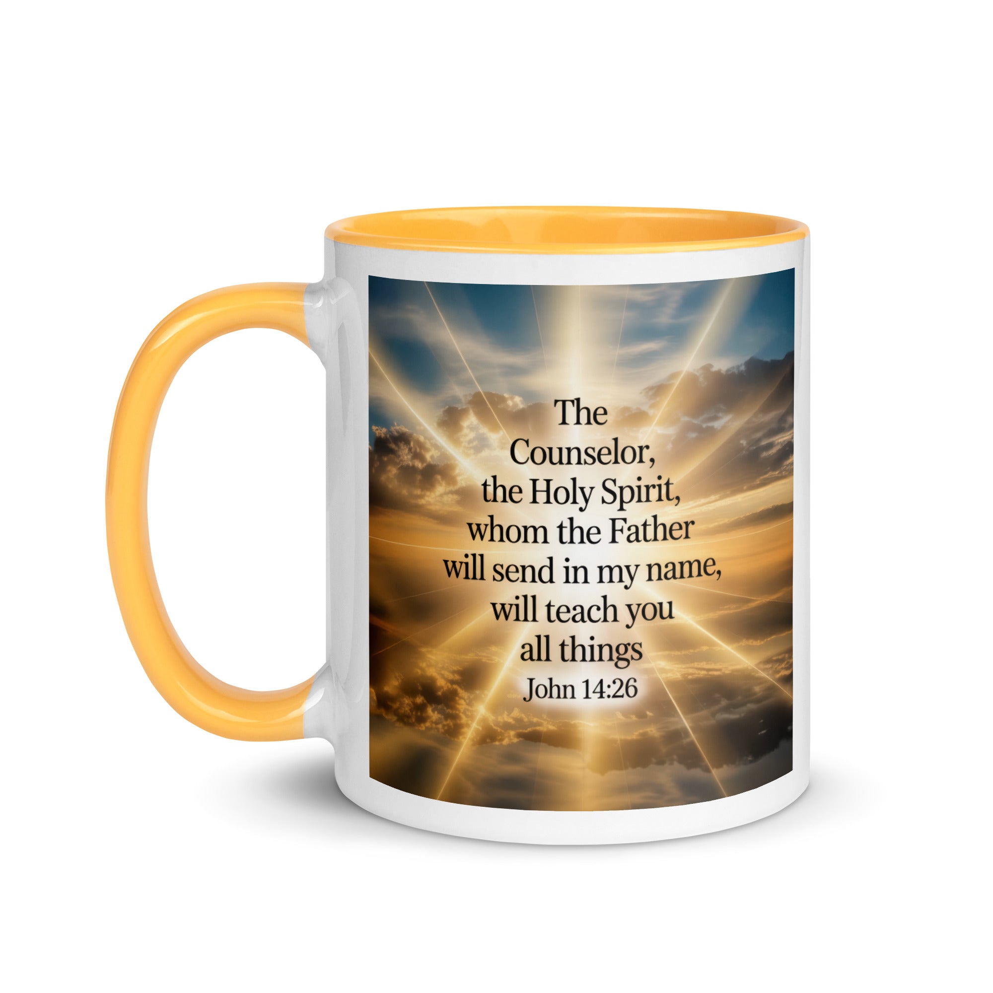 John 14:26 Bible Verse will send White Ceramic Mug with Color Inside