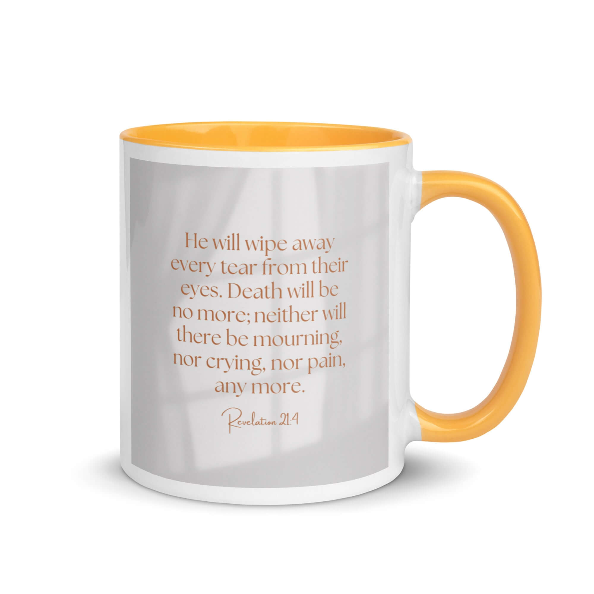 Revelation 21:4 Bible Verse, He will wipe White Ceramic Mug with Color Inside