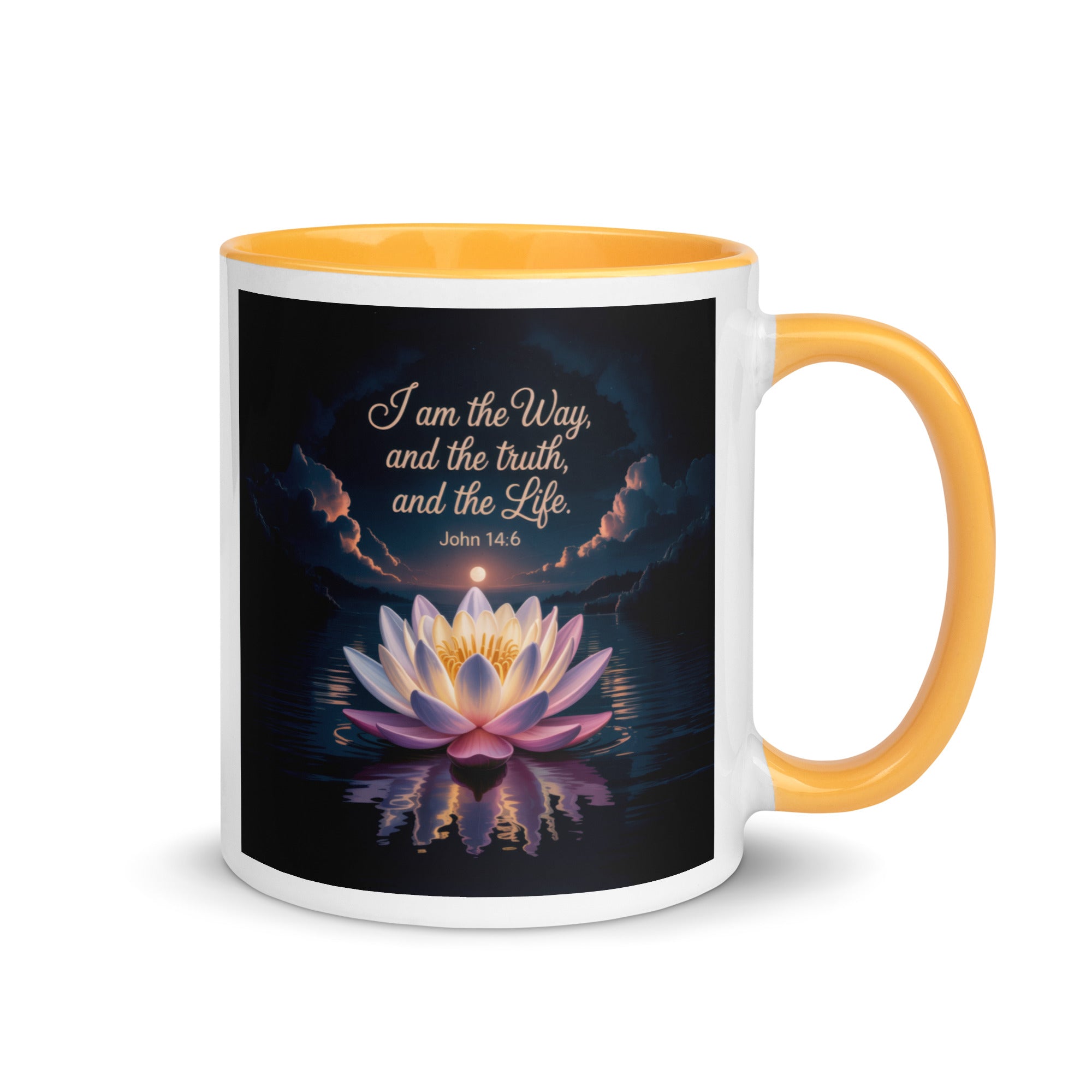 John 14:6 Bible Verse The Way White Ceramic Mug with Color Inside Golden Yellow 11 oz