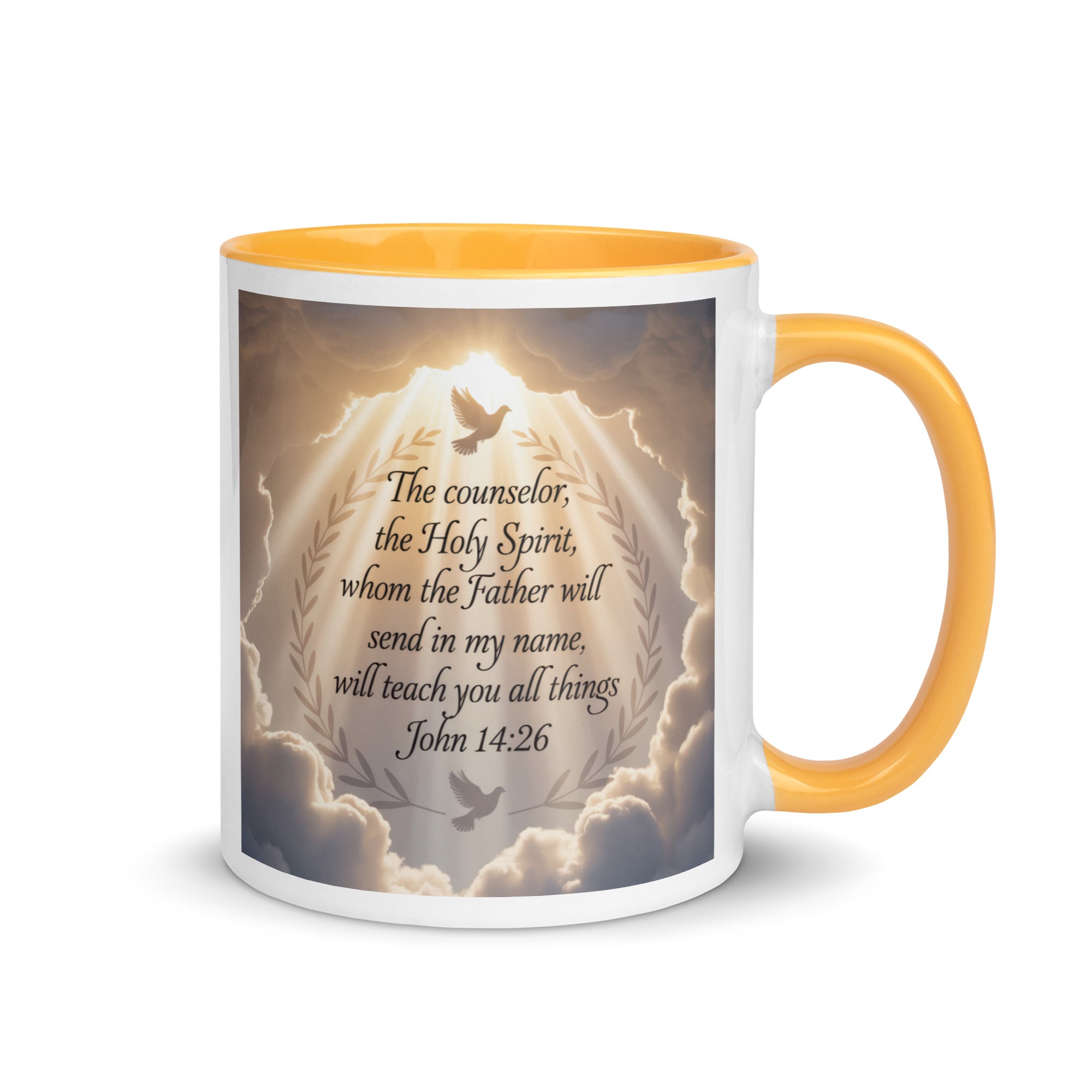 John 14:26 Bible Verse Counselor White Ceramic Mug with Color Inside Golden Yellow 11 oz