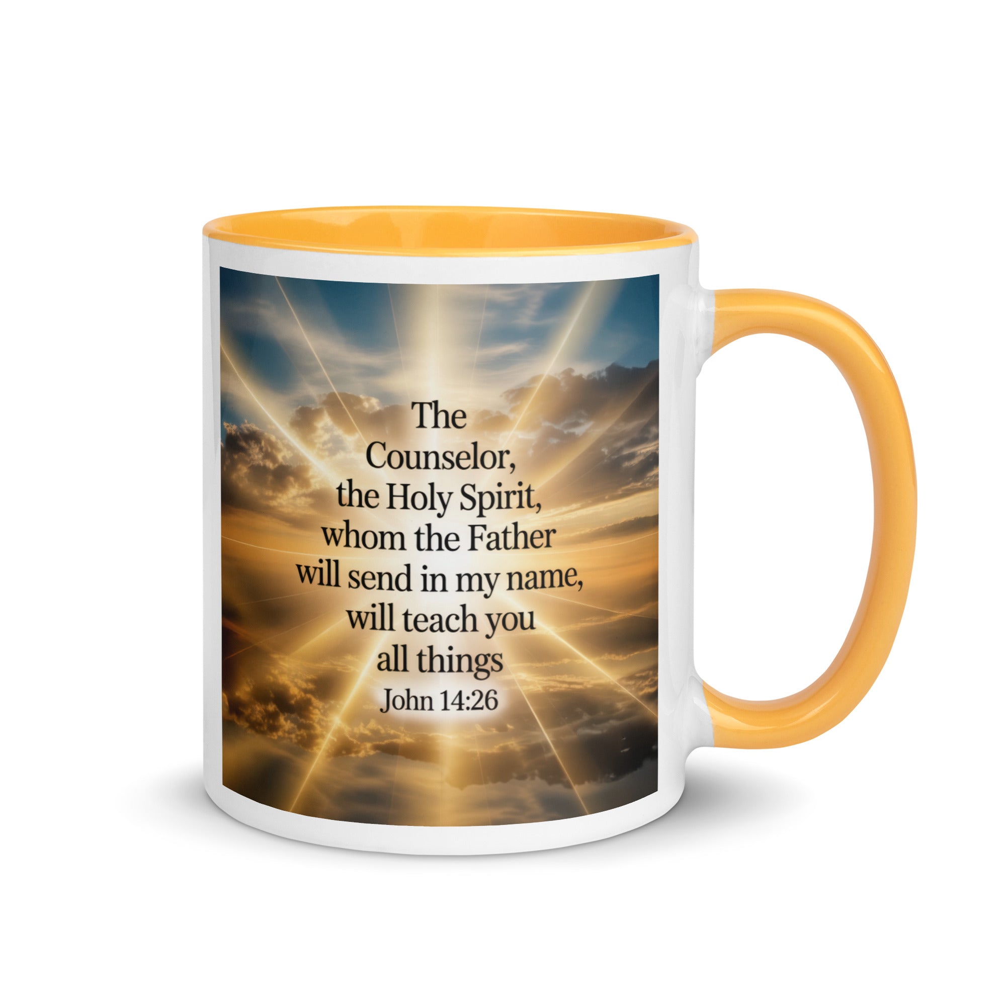 John 14:26 Bible Verse will send White Ceramic Mug with Color Inside Golden Yellow 11 oz