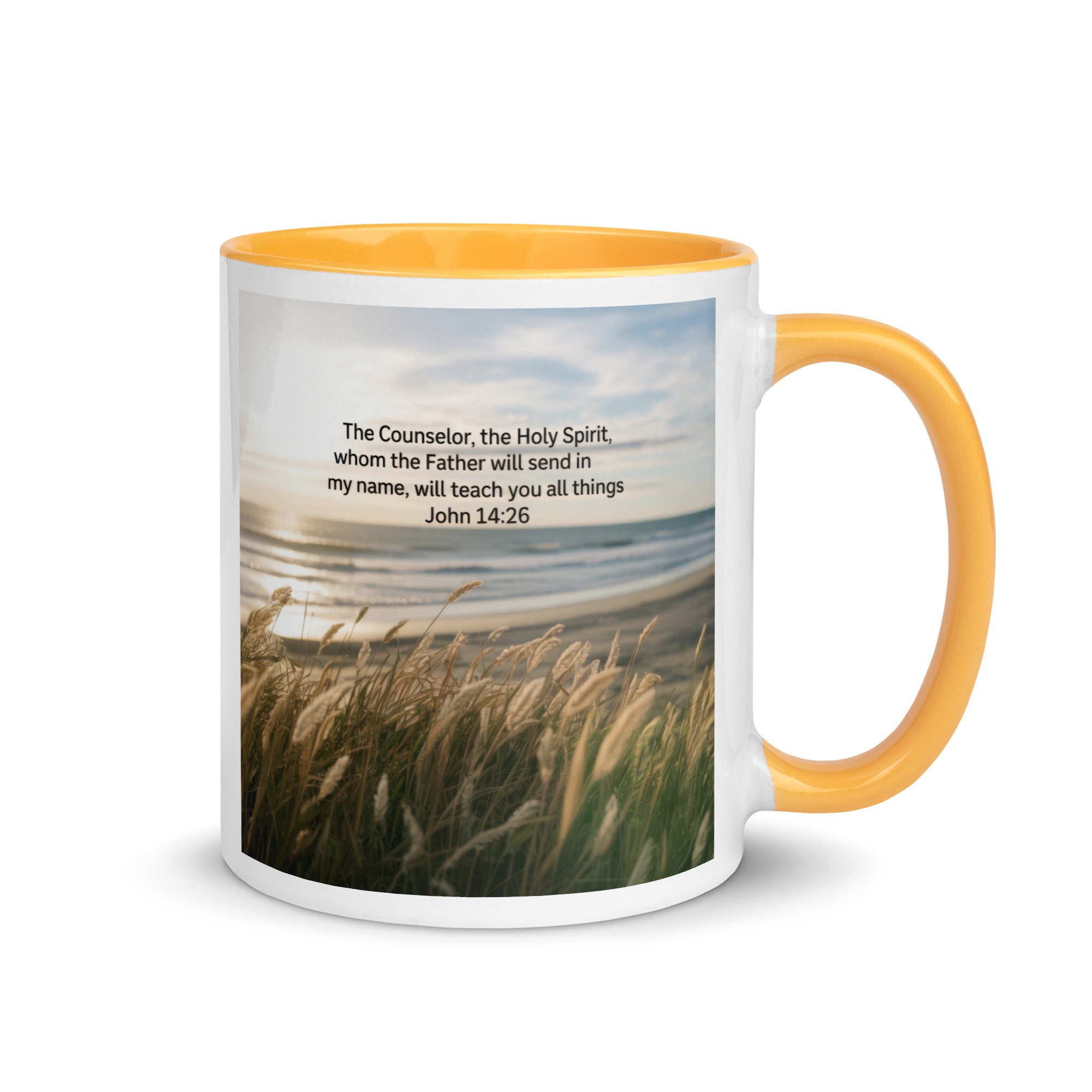 John 14:26 Bible Verse in my name White Ceramic Mug with Color Inside Golden Yellow 11 oz