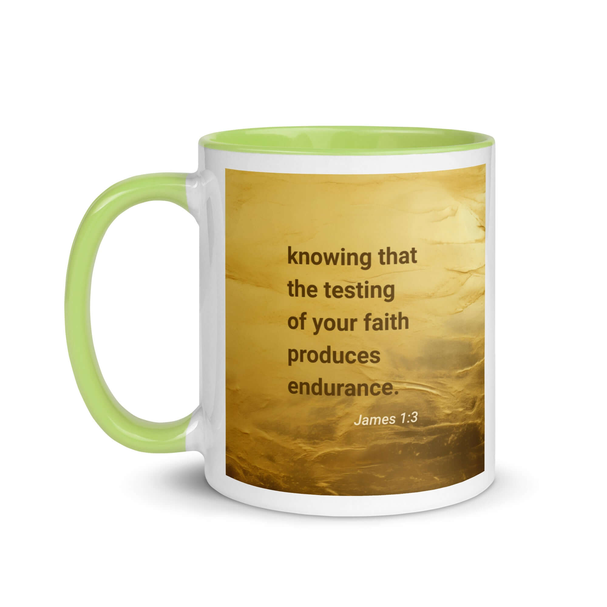 James 1:3 - Bible Verse, testing of your faith White Ceramic Mug with Color Inside